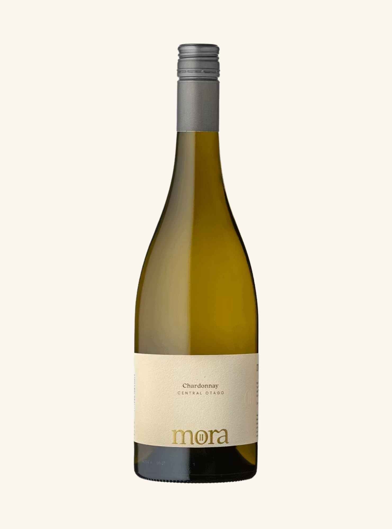 A bottle of Mora Chardonnay Central Coast white wine, featuring an olive-green glass bottle with a cream-colored label and a dark gray screw cap, set against a solid off-white background.