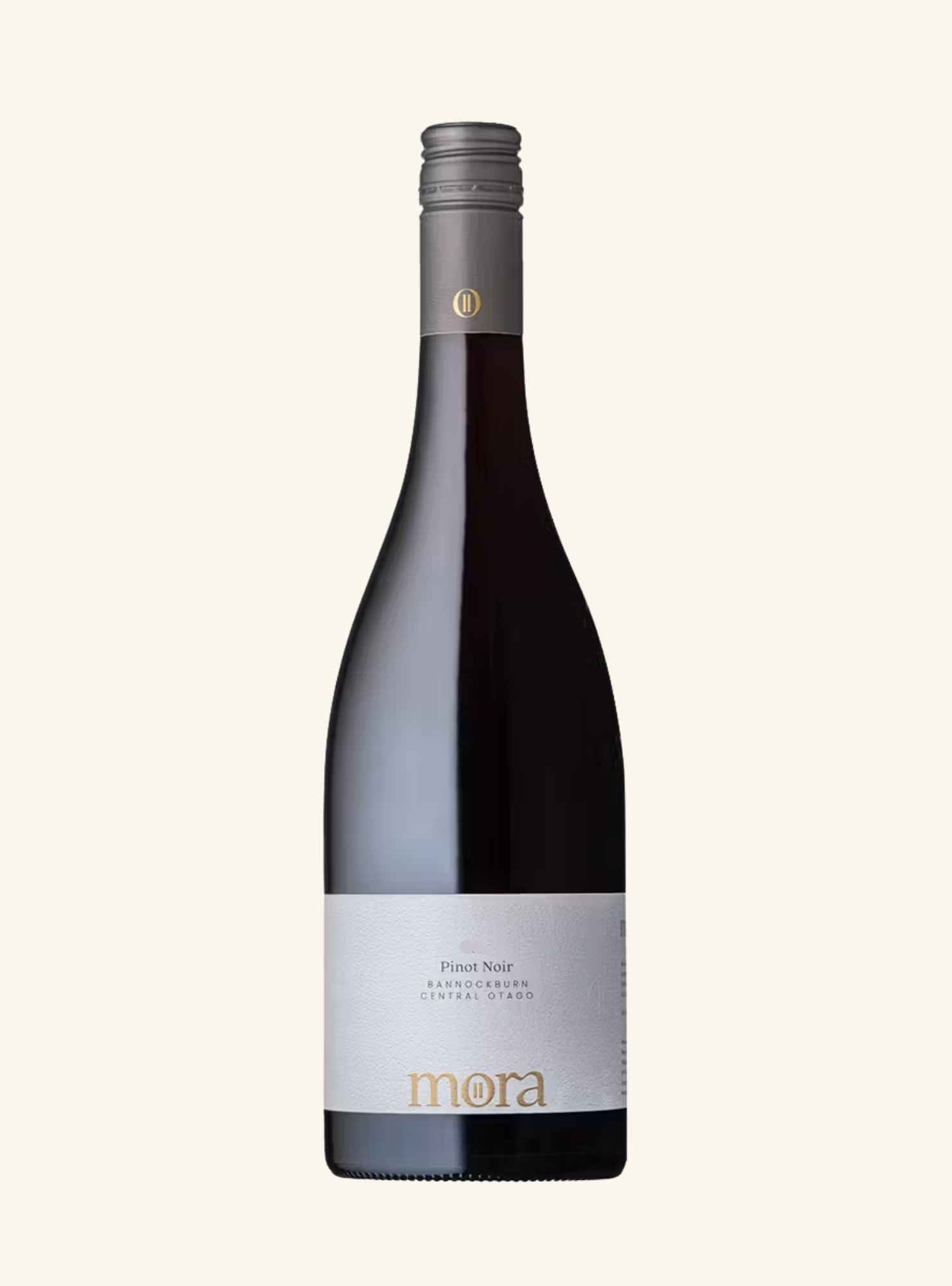 bottle of mora pinot noir from bannockburn central otago, on a white background.