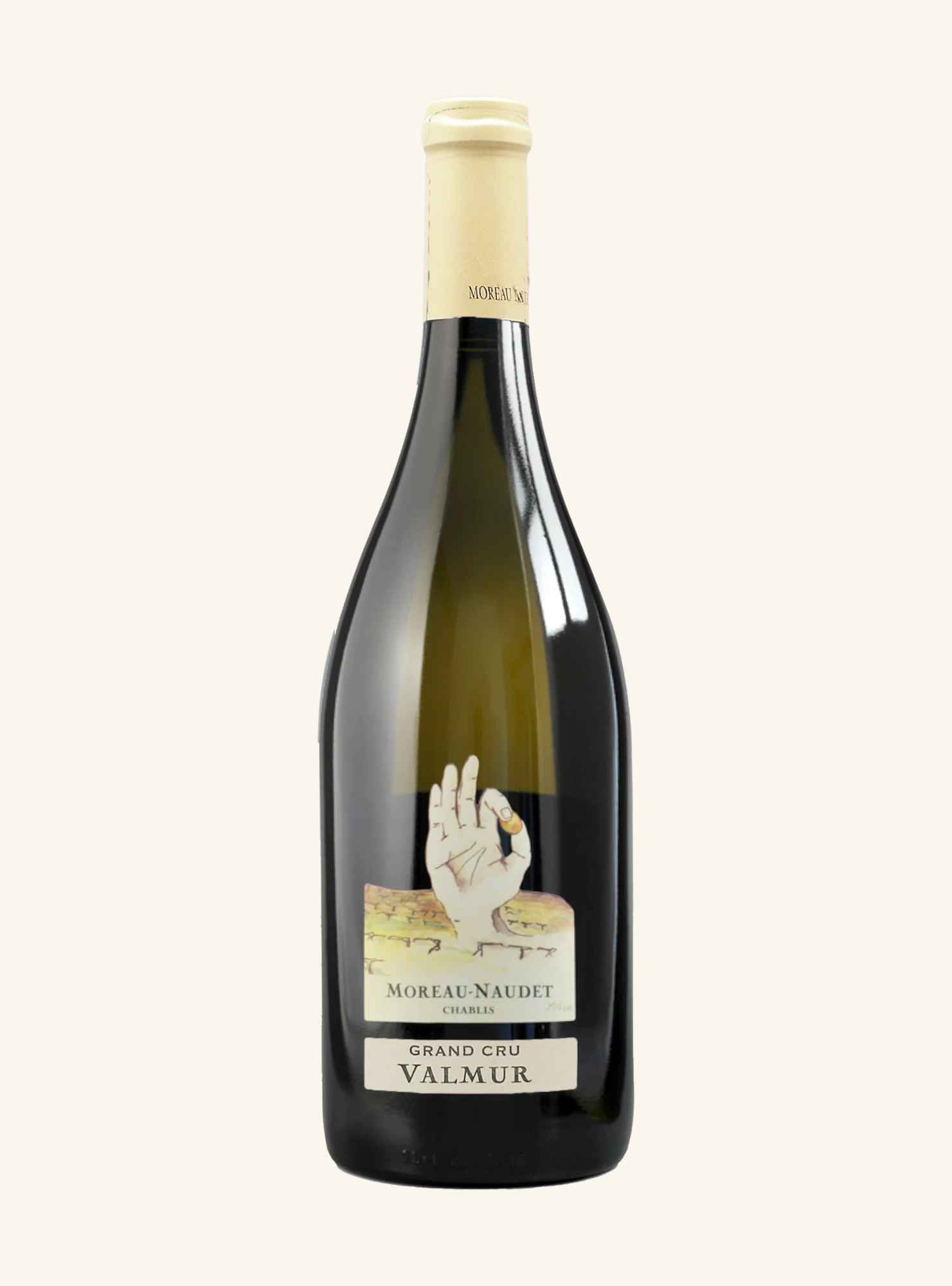 bottle of white wine branded moreau-naudet chablis grand cru valmur, on a white background.
