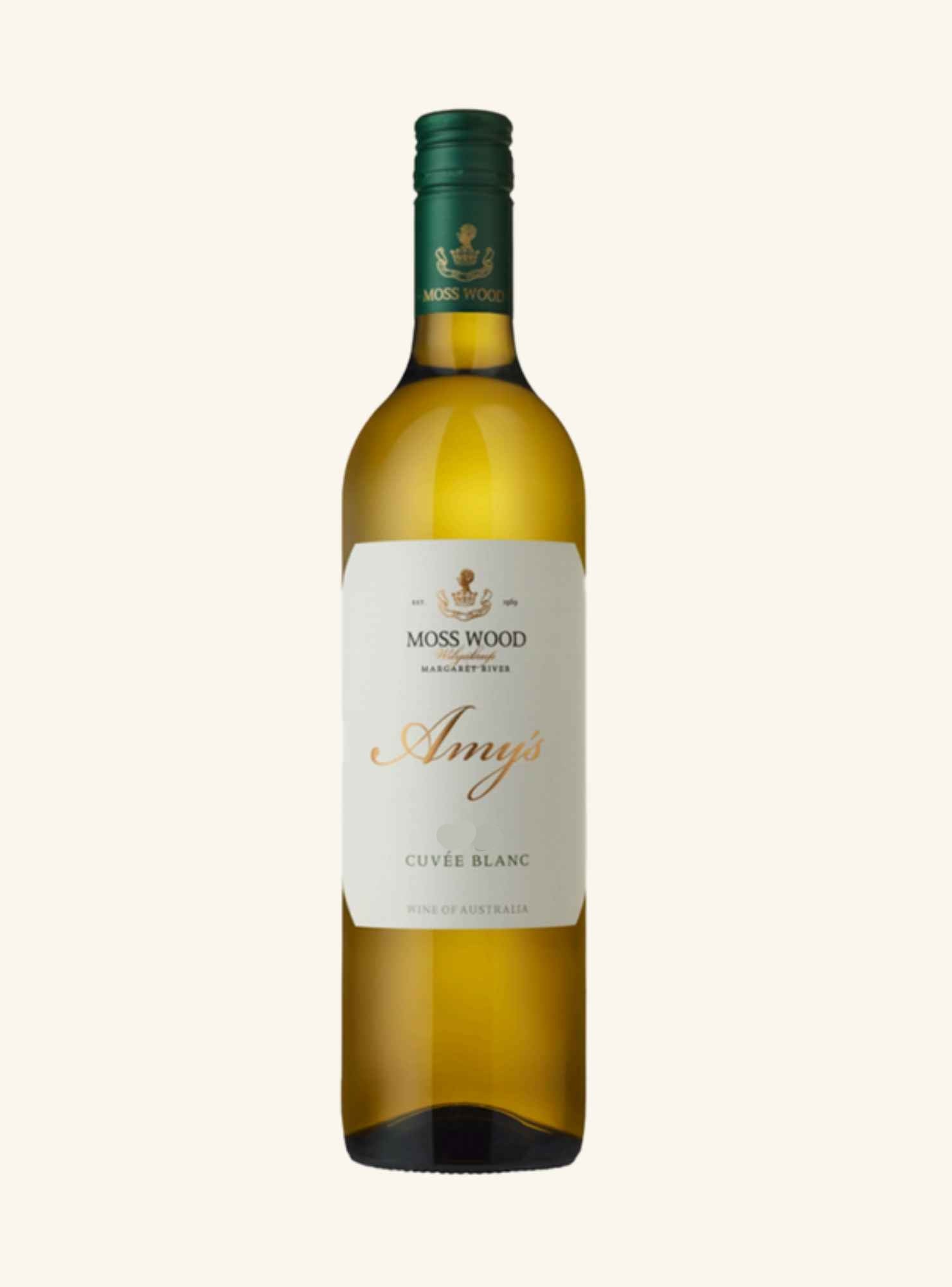 A bottle of Moss Wood Amy's Cuvé Blanc white wine, featuring a cream-colored label with gold script and a dark green neck wrap, set against a solid off-white background.