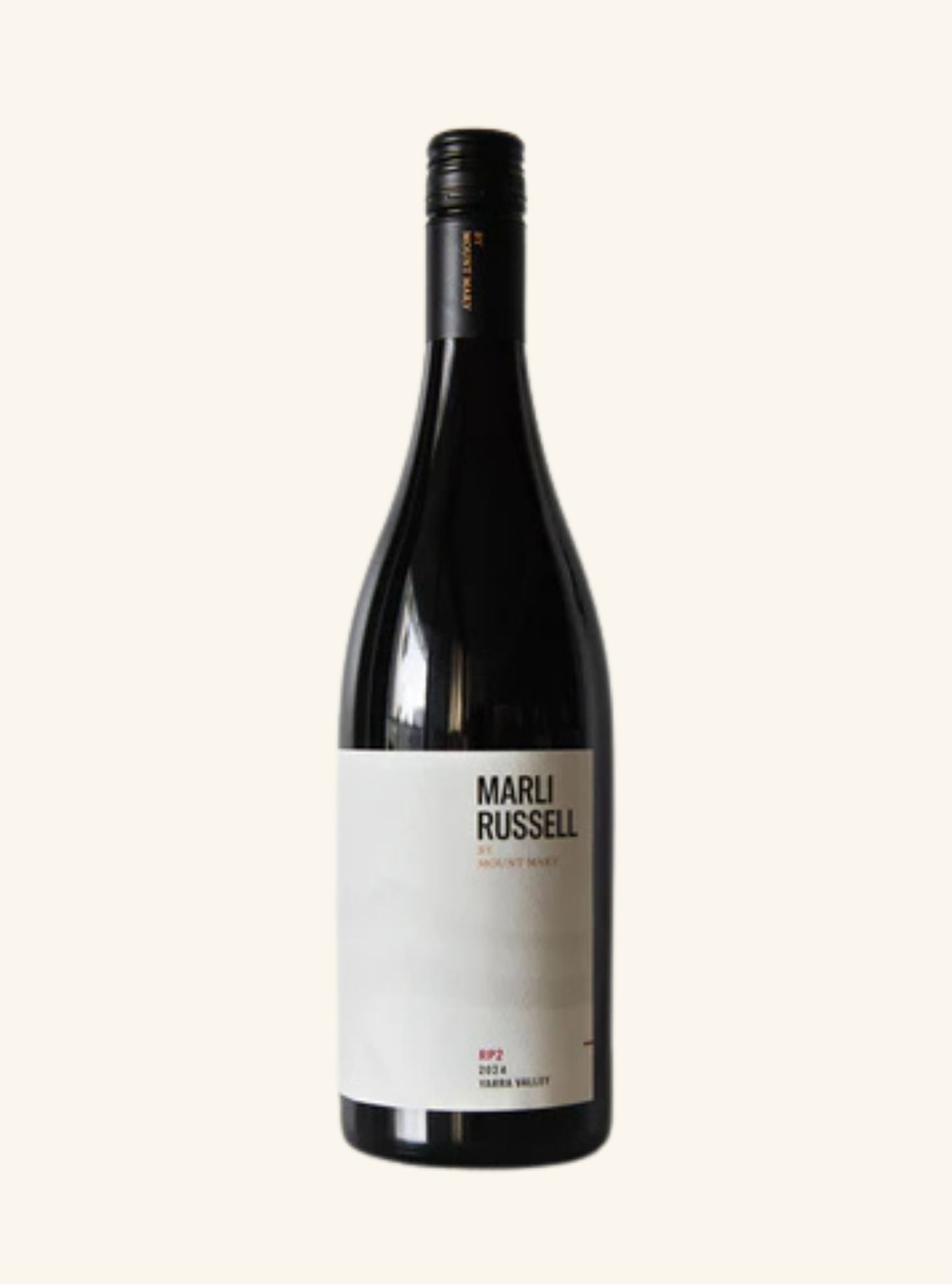 Wine bottle with a white label branded marli russell rp2 on a light beige background