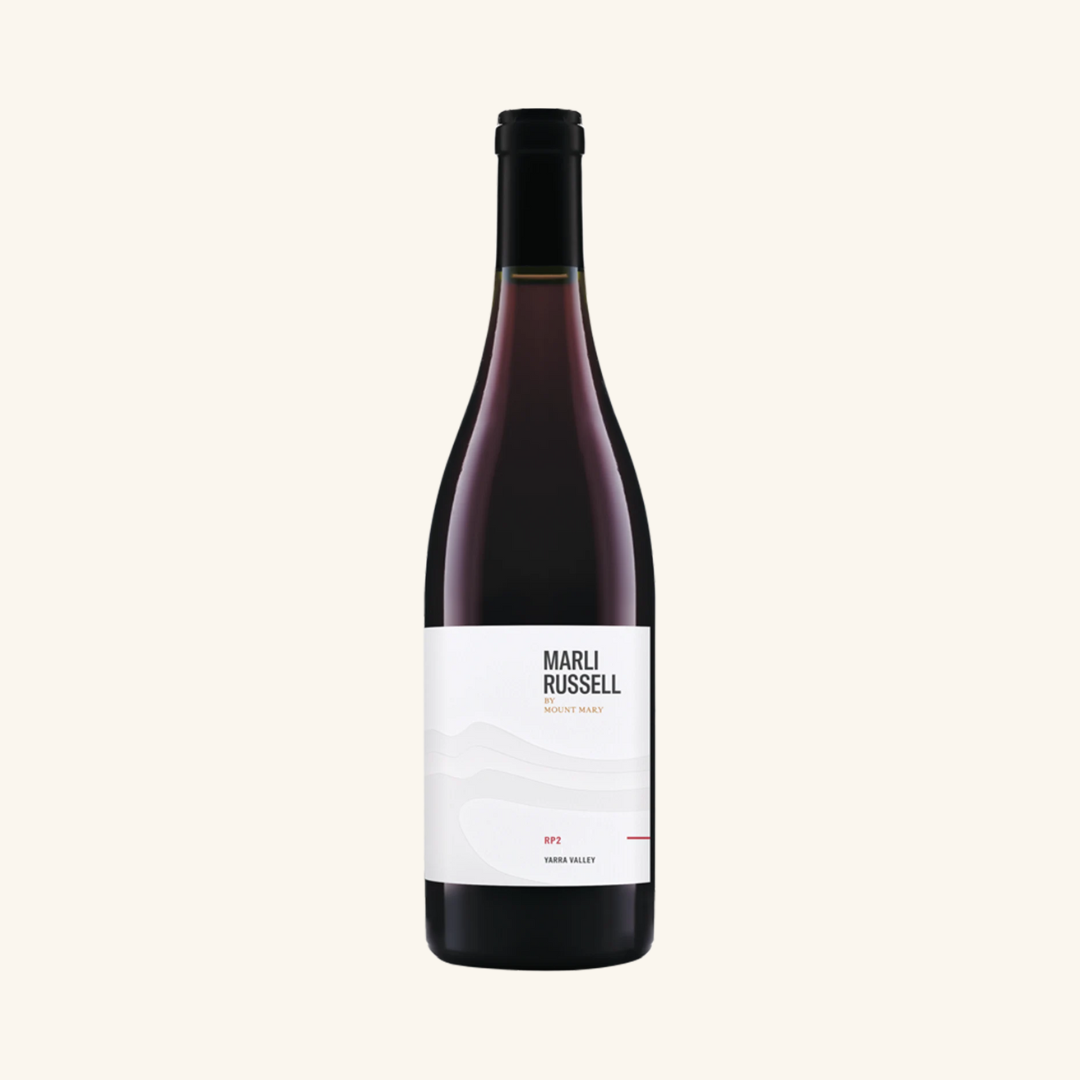 A bottle of Mount Mary Marli Russell RP2 GSM red wine from the Yarra Valley, Victoria, with a white label.