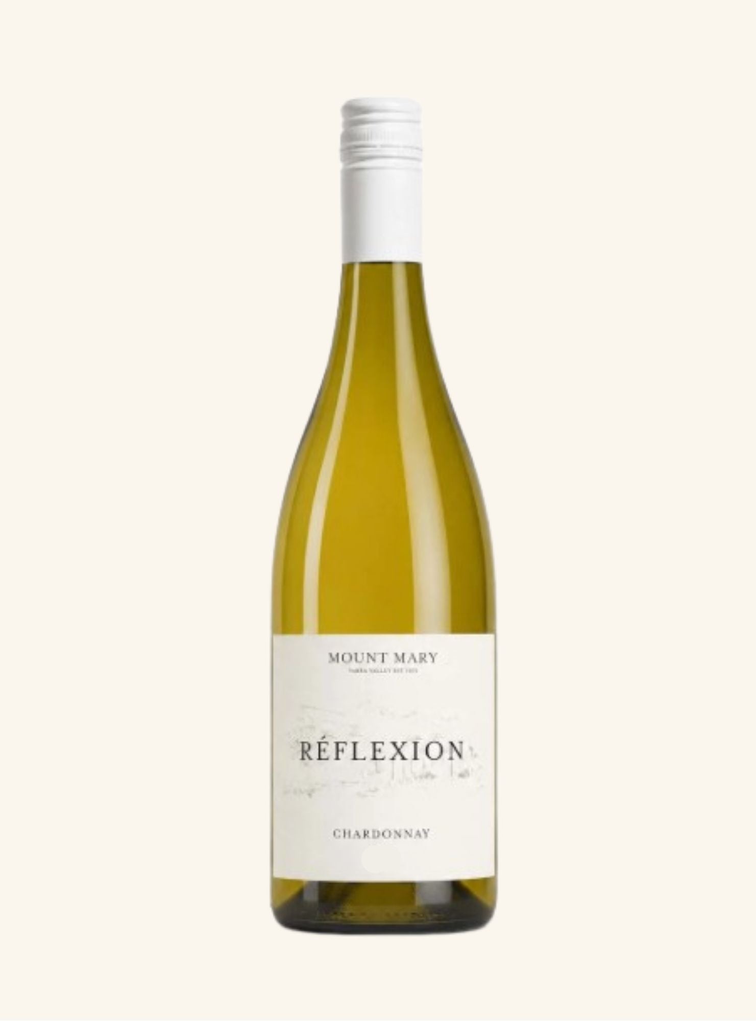 White wine bottle labeled 'Mount mary Réflexion chardonnay' on a white background