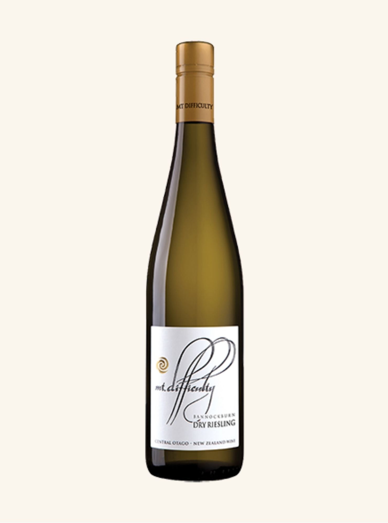 Riesling Wine bottle with a gold foil cap labelled as Mt Difficulty Dry Riesling on a white background