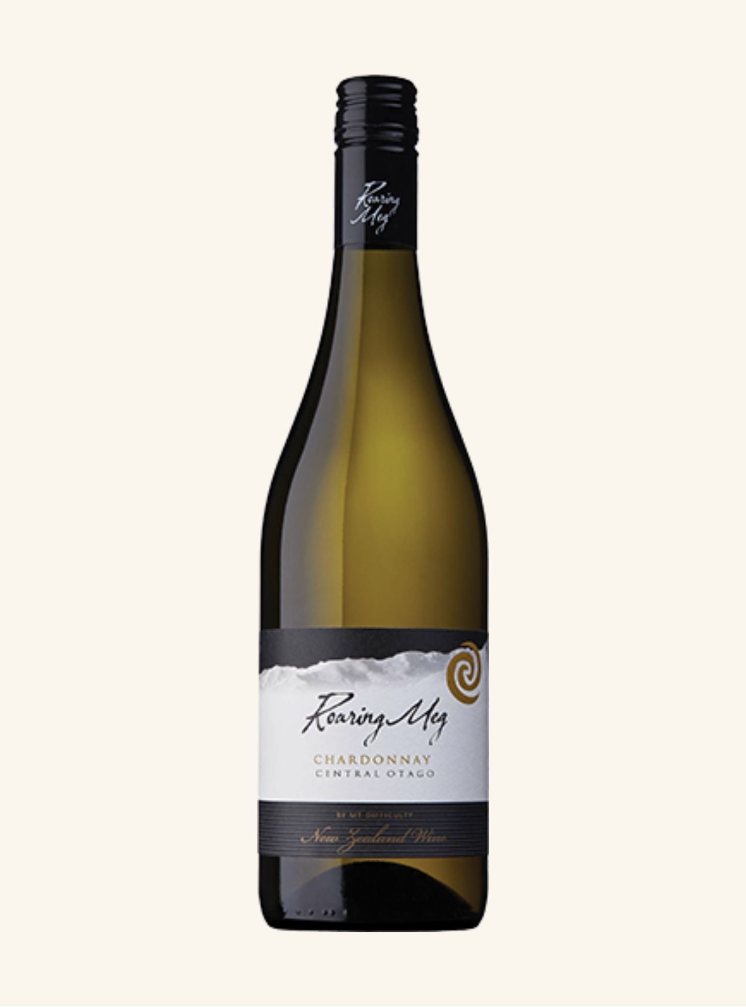 White Wine bottle with a Roaring Meg Chardonnay label on a white background