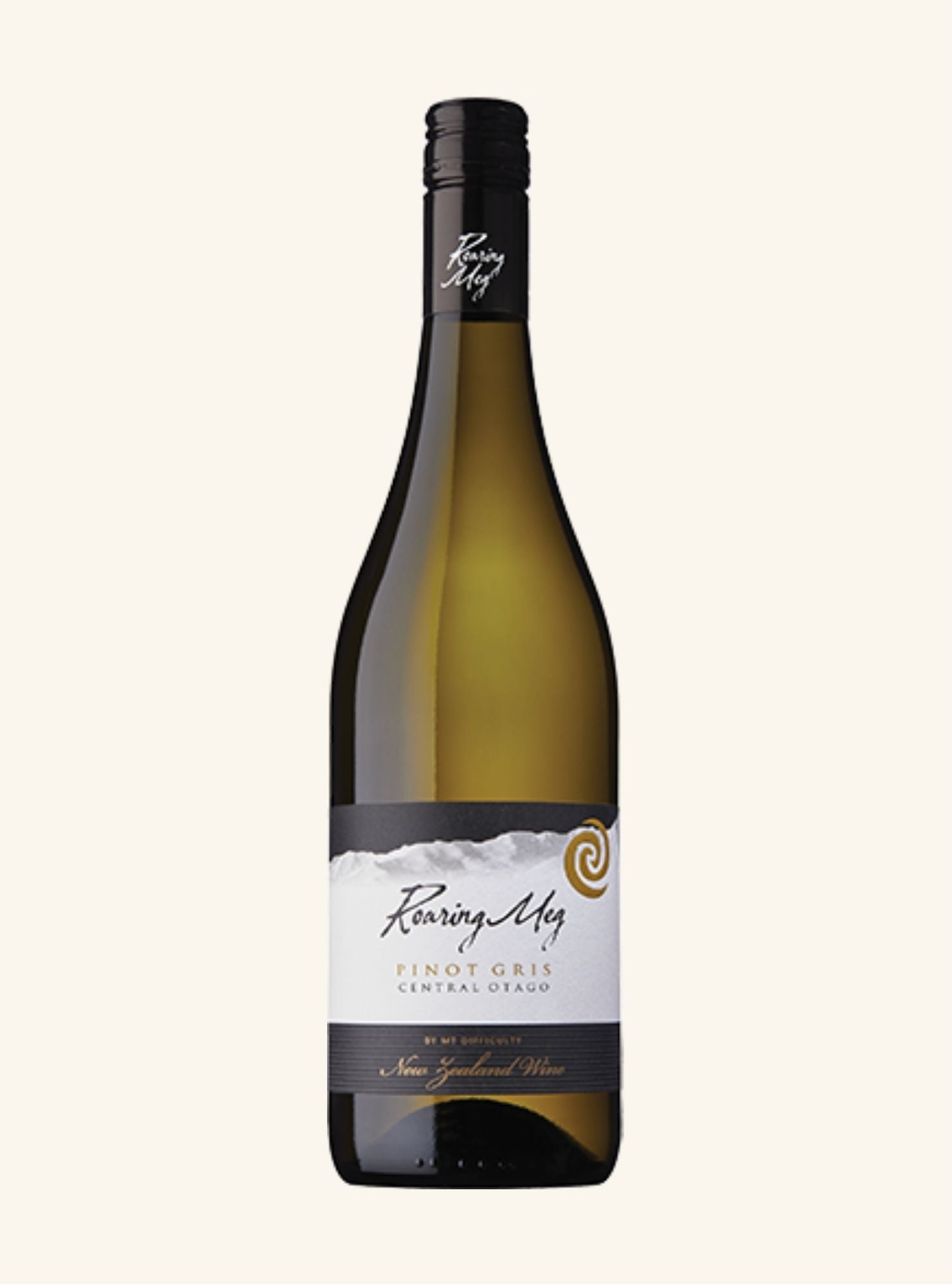 Wine bottle with a Roaging Meg Pinot Gris label on a white background