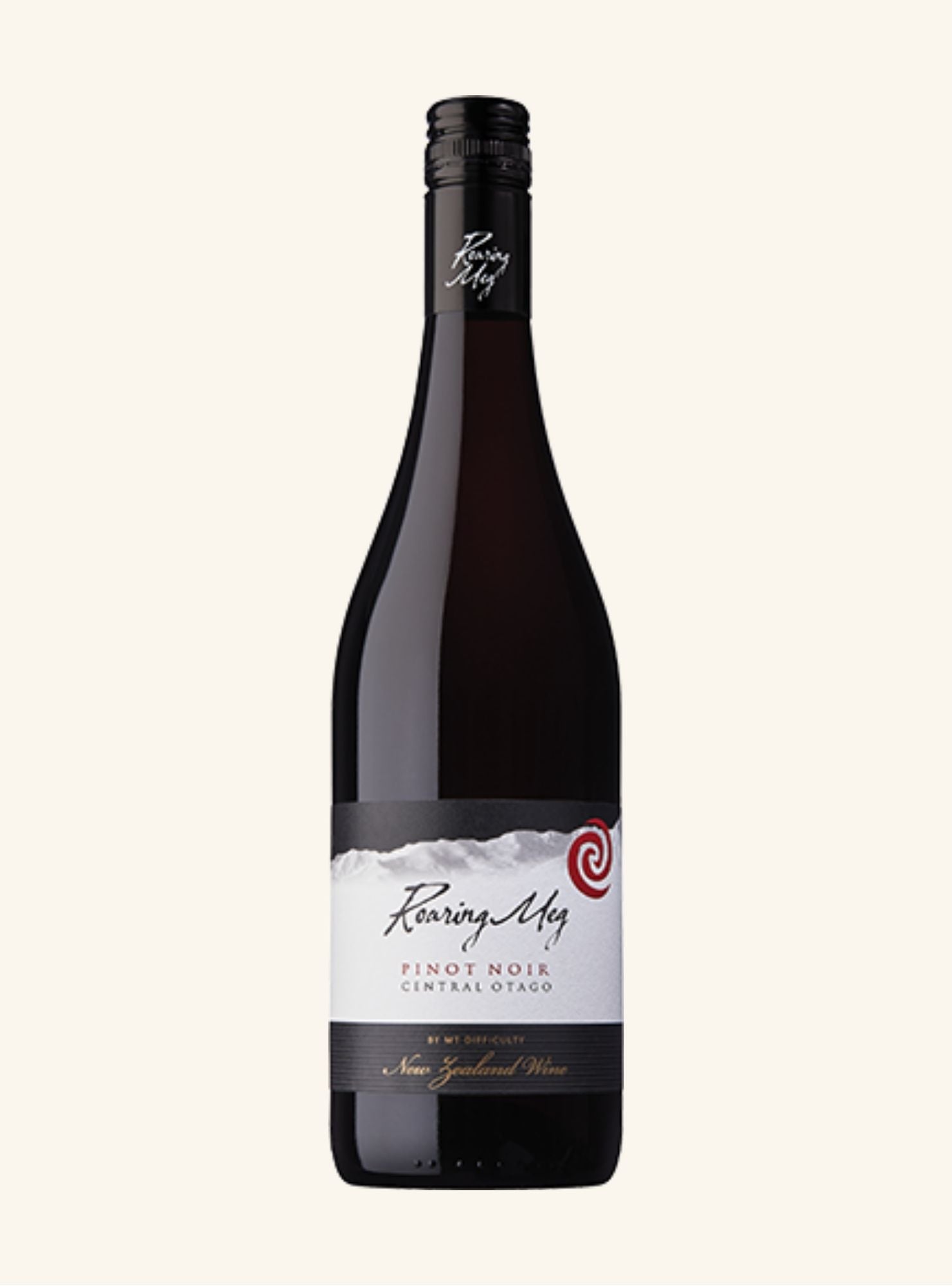 Red Wine bottle with a Roaring Meg Pinot Noir label on a white background