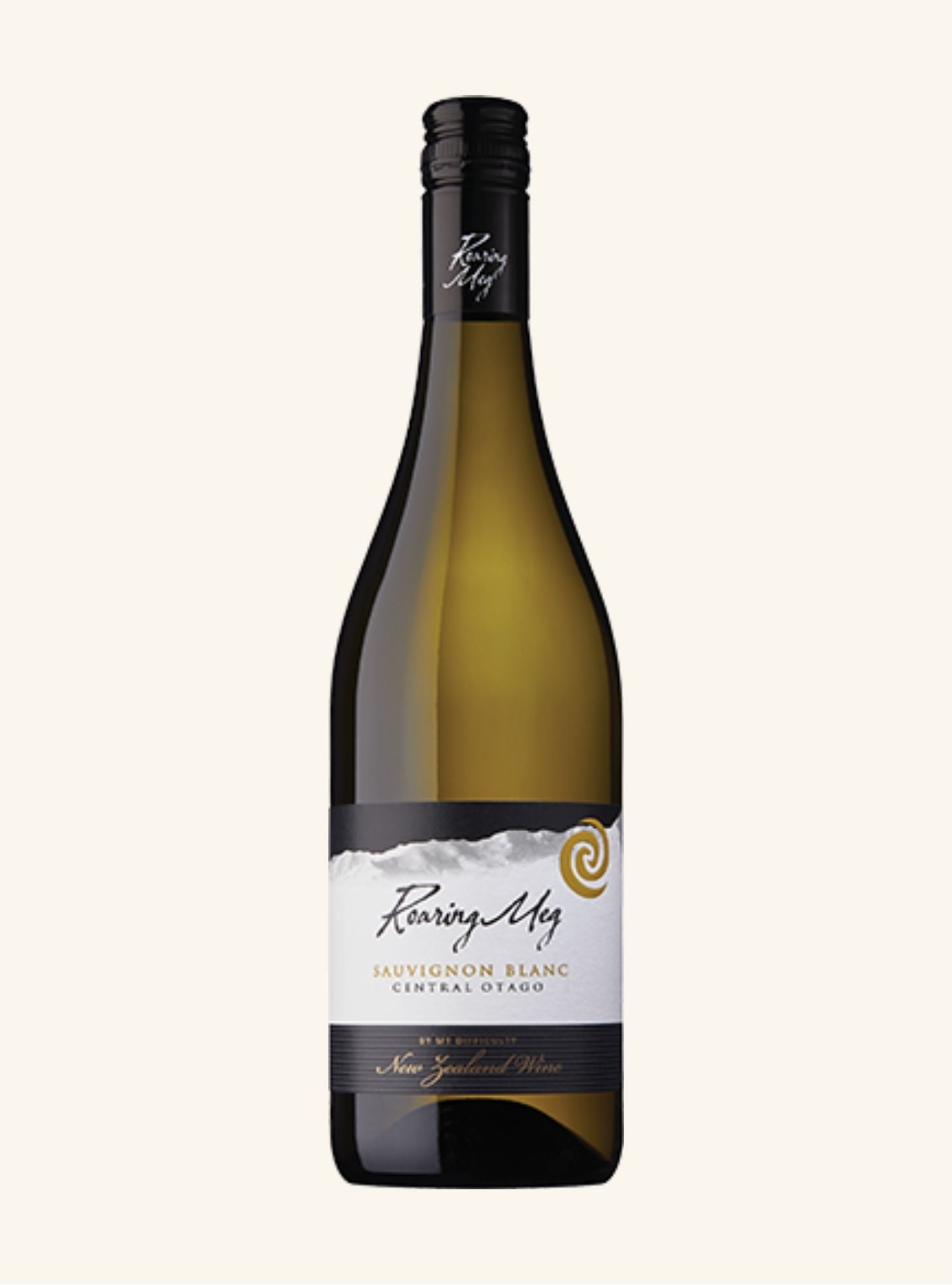 Wine bottle with a Roaring Meg sauvignon blanc label on a white background