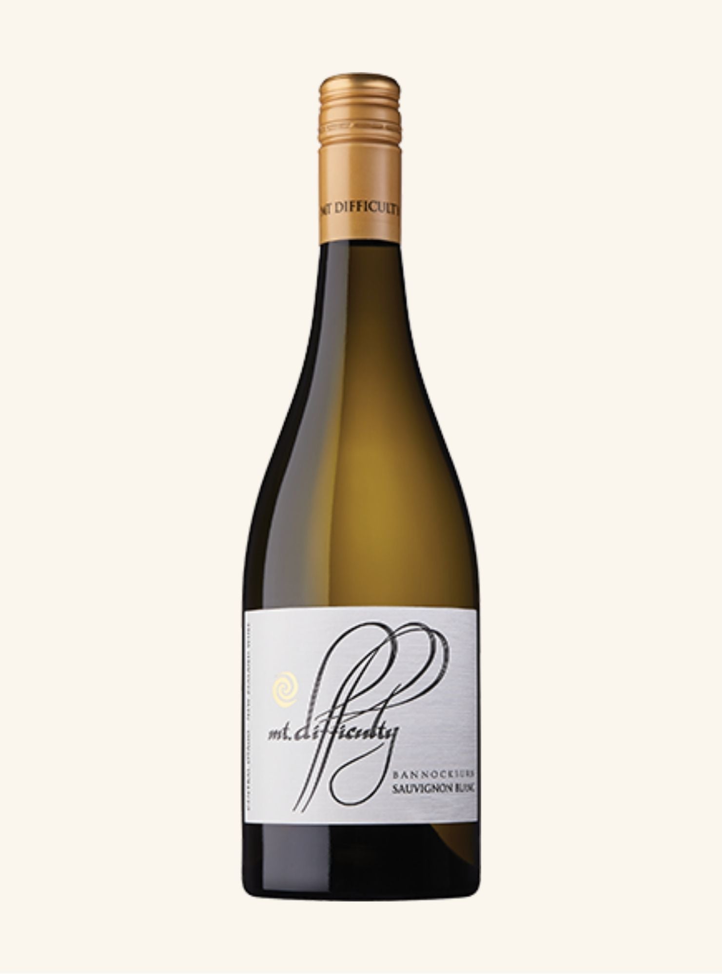White wine bottle with a Mt Difficulty Sauvignon Blanc label on a light beige background