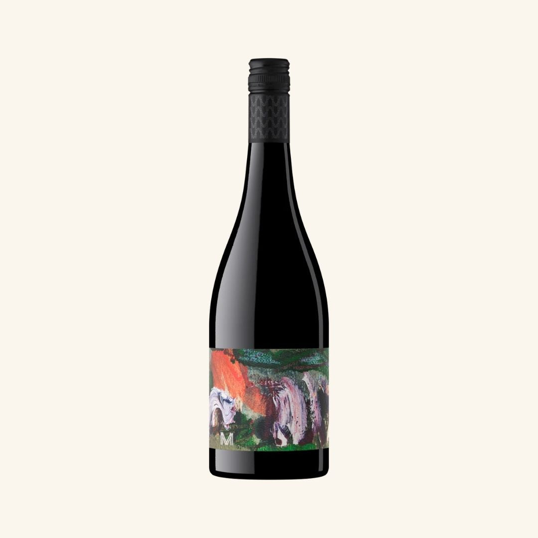 Wine bottle with a colorful label on a white background