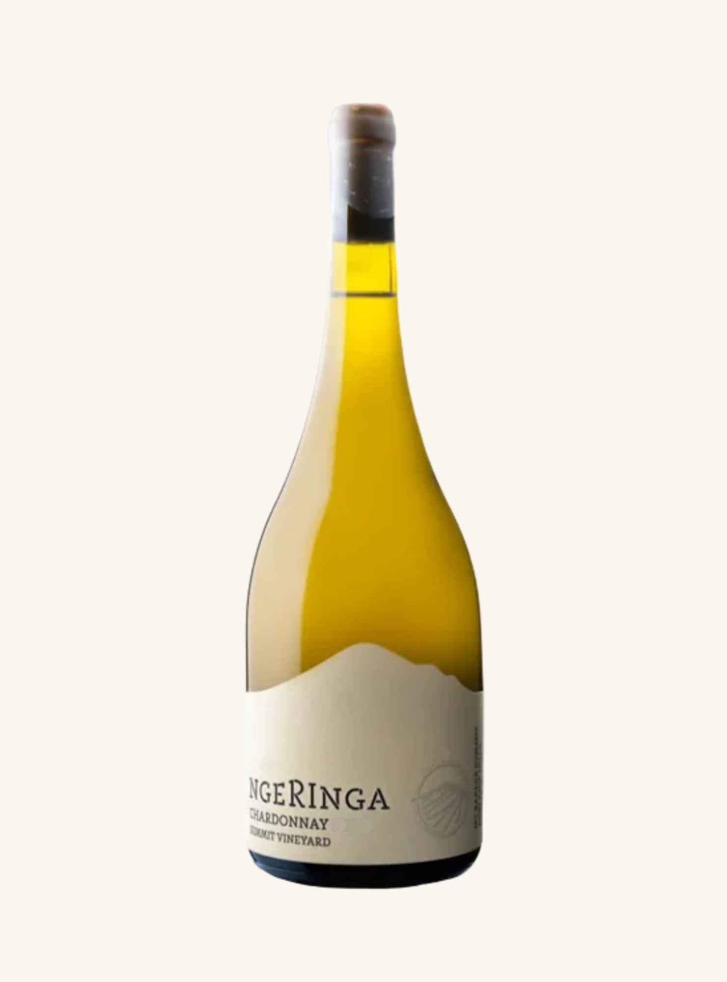 A bottle of Ngeringa Chardonnay white wine, featuring a pale golden-yellow liquid, a cream-colored label with black text, and a dark cork, set against a solid off-white background.