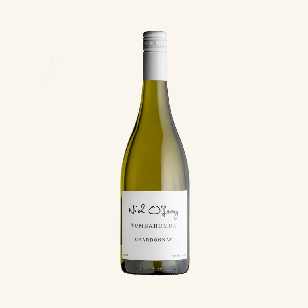 A bottle of Nick O'Leary Tumbarumba Chardonnay wine with a white label and red text.