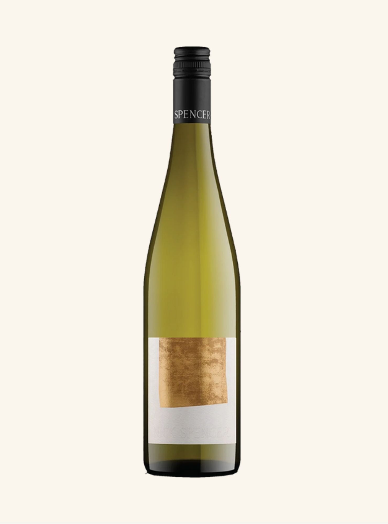 bottle of white wine with a visible gold and white label on a white background
