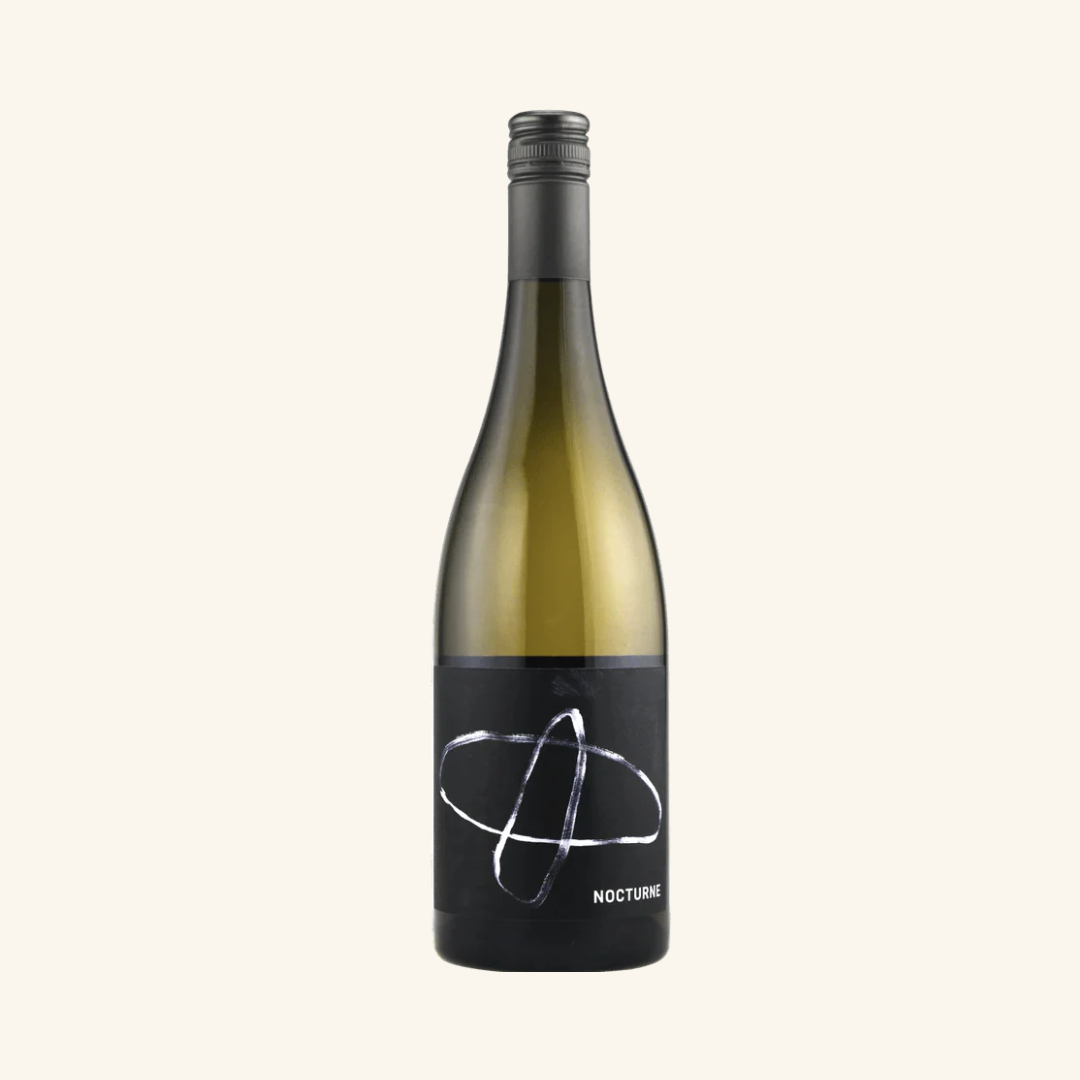A bottle of Nocturne SR Treeton Chardonnay with a white label and red caps, against a plain background.