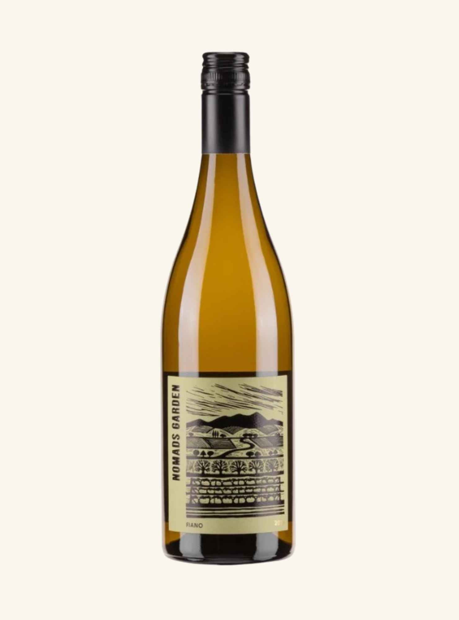 A bottle of Nomads Garden Fiano white wine with a black screw cap and a cream-colored label featuring a black illustration, set against a solid off-white background.