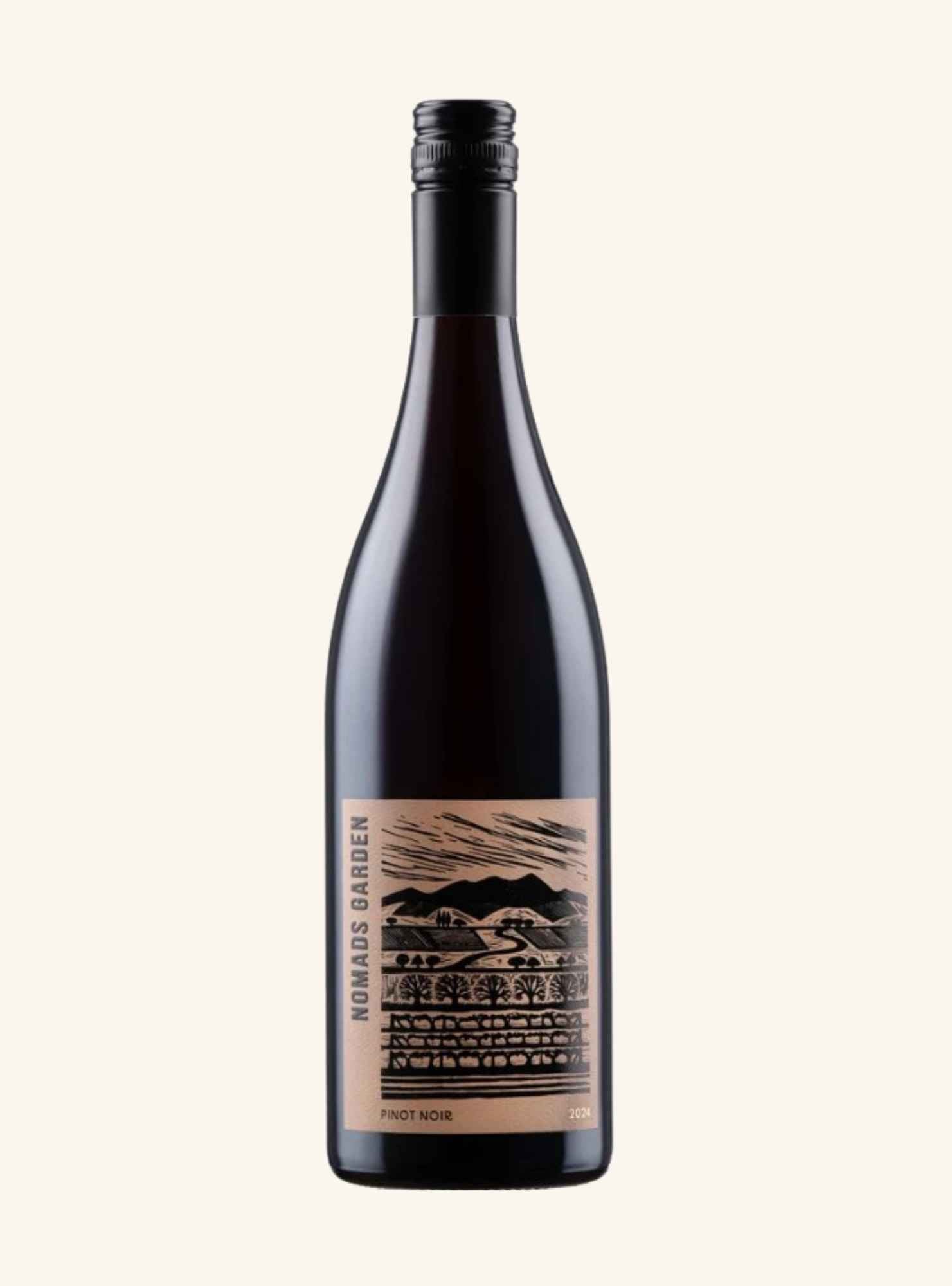 bottle of nomads garden pinot noir on a white background.