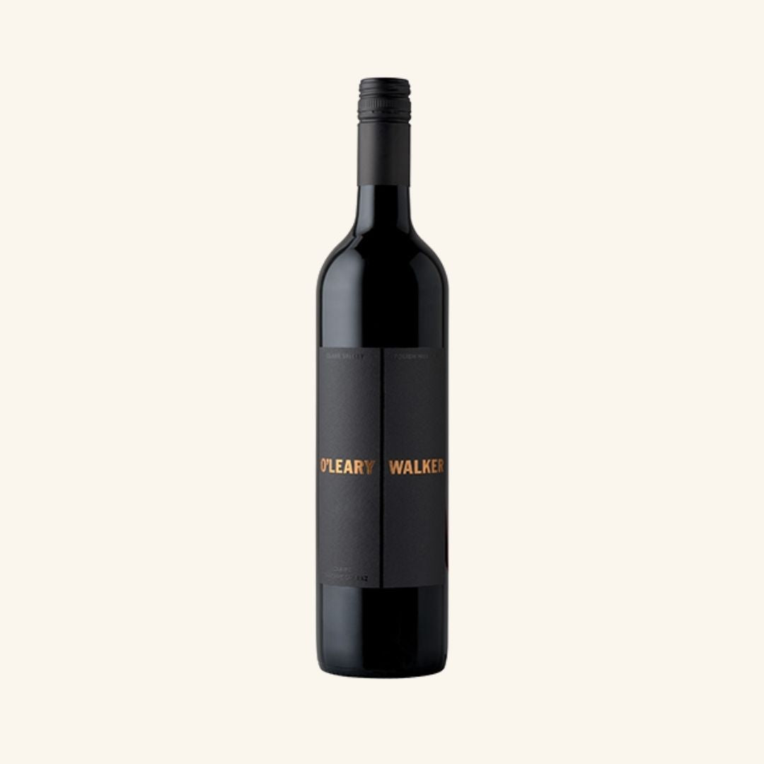 Black wine bottle with 'Oleary Walker' label on a white background