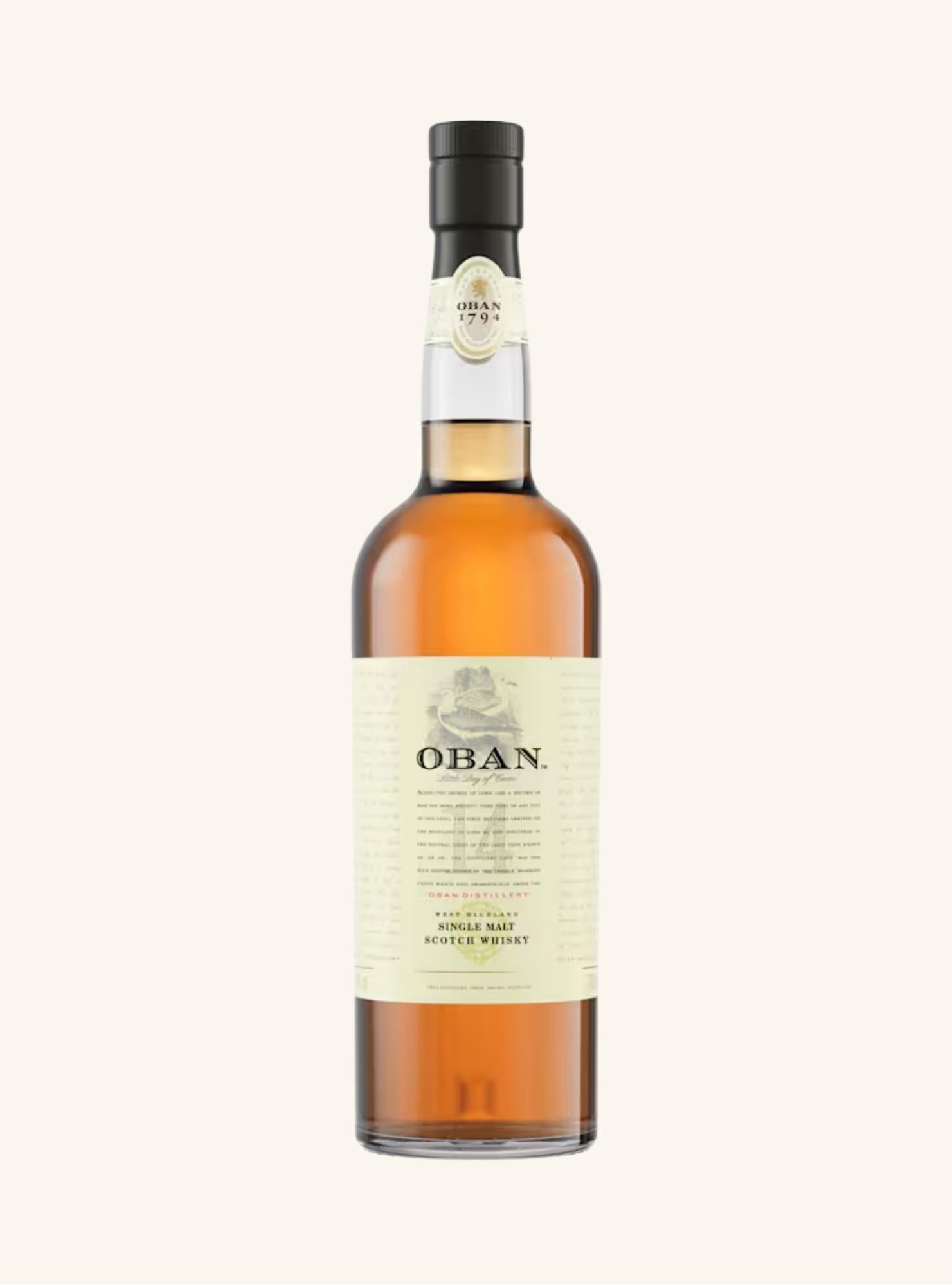 Oban 14 year old whisky bottle on a white background