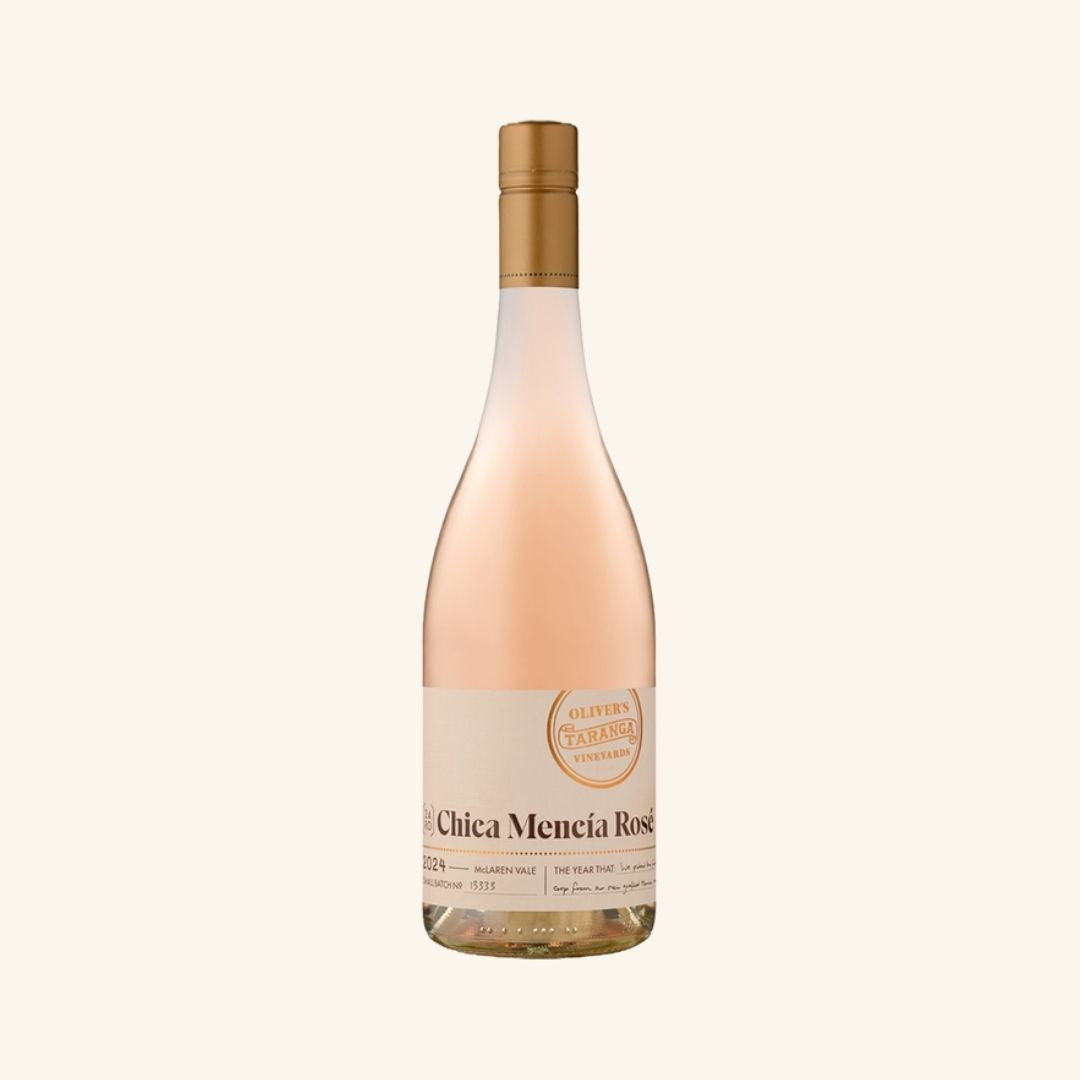 Bottle of Chica Mencia Rosé by Olivers Taranga wine on a white background