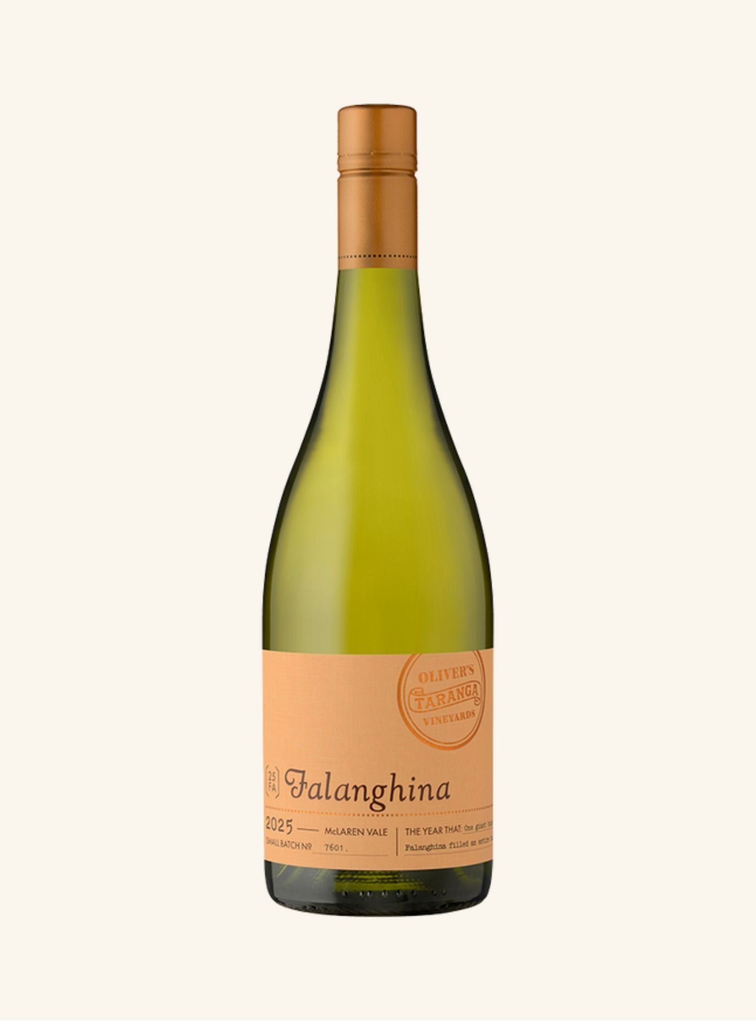 bottle of Olivers taranga falanghina with a gold foil cap on a white background