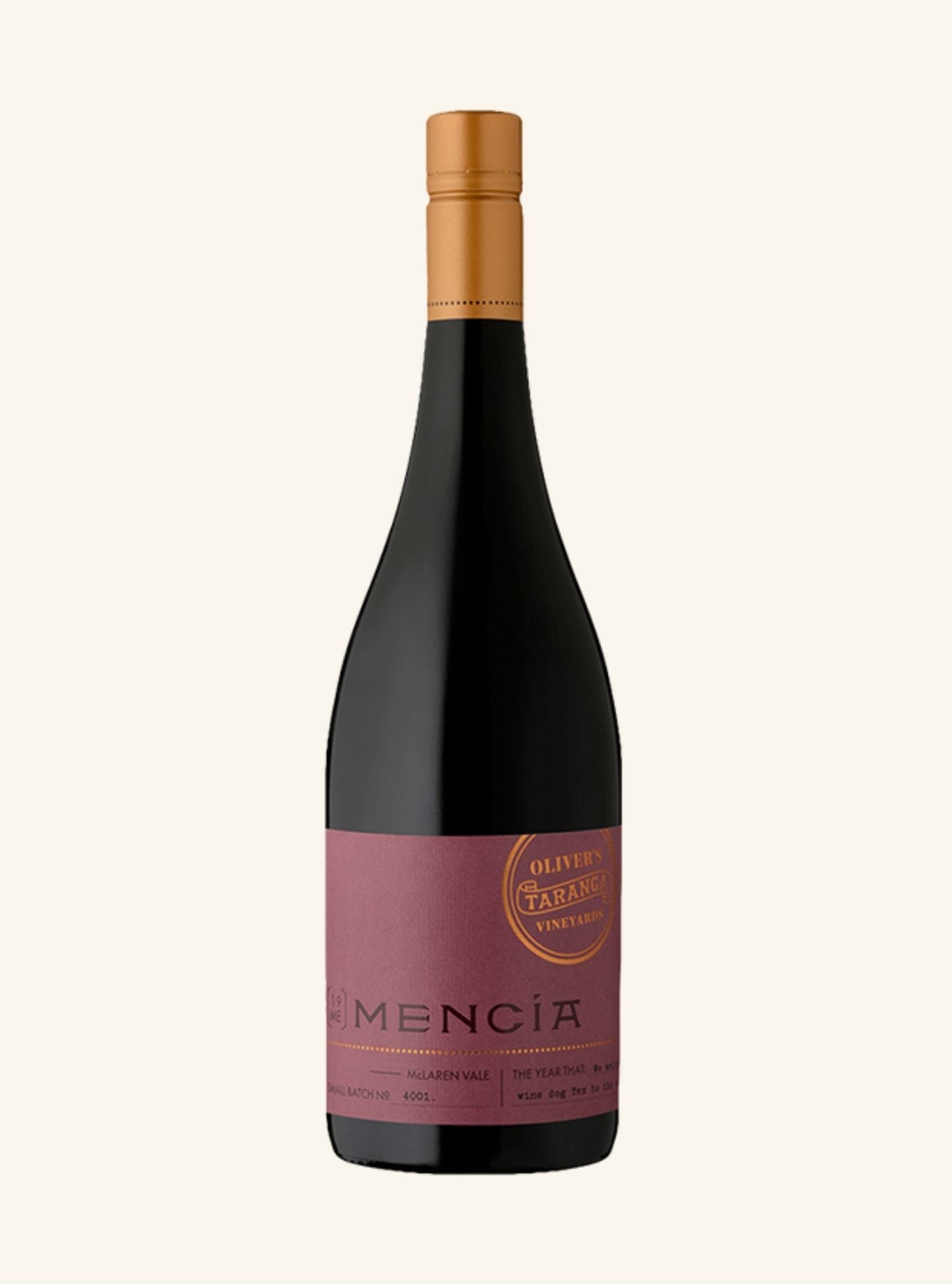 bottle of Olivers Taranga Mencia  with a purple label, gold screw cap, on a white background