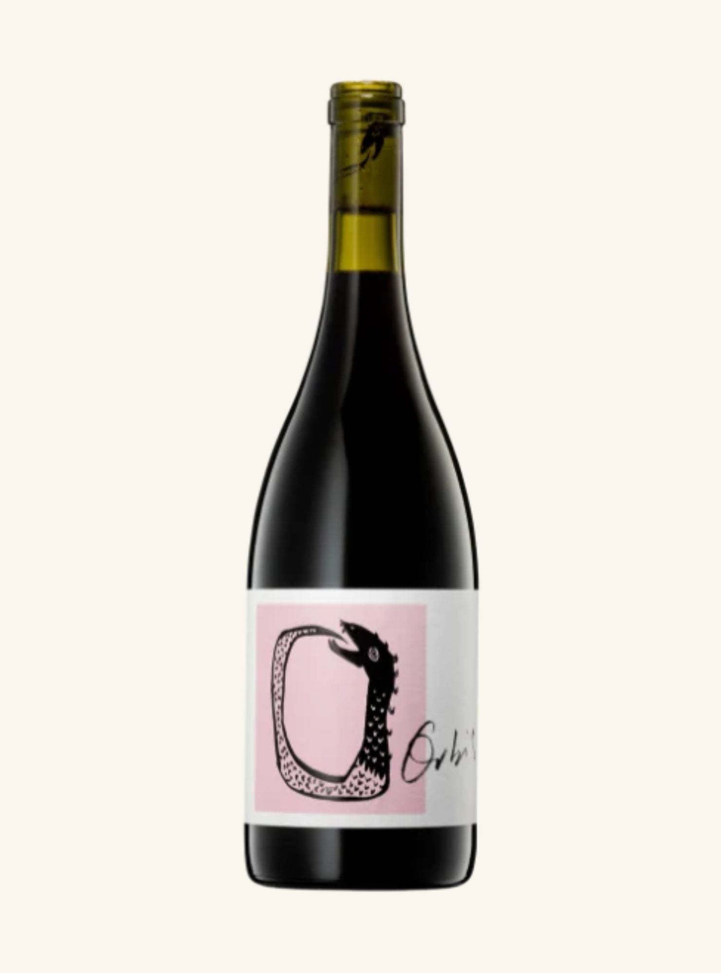 A bottle of dark red wine with a pale pink label featuring a black stylized bird illustration and the brand name 'Orbis' written in script, set against a solid off-white background.