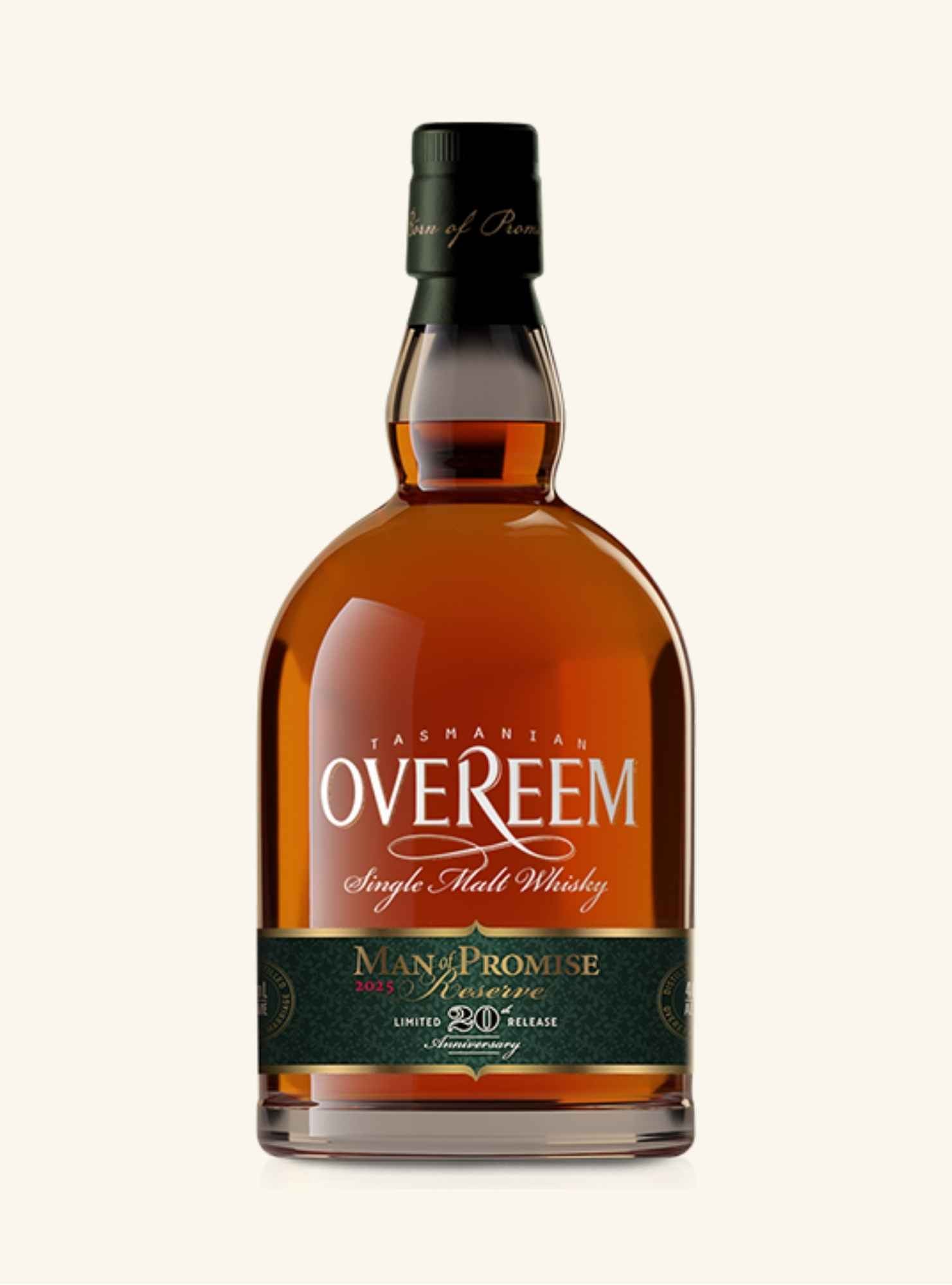 Bottle of Tasmanian Overeem man of promise reserve Single Malt Whisky on a white background