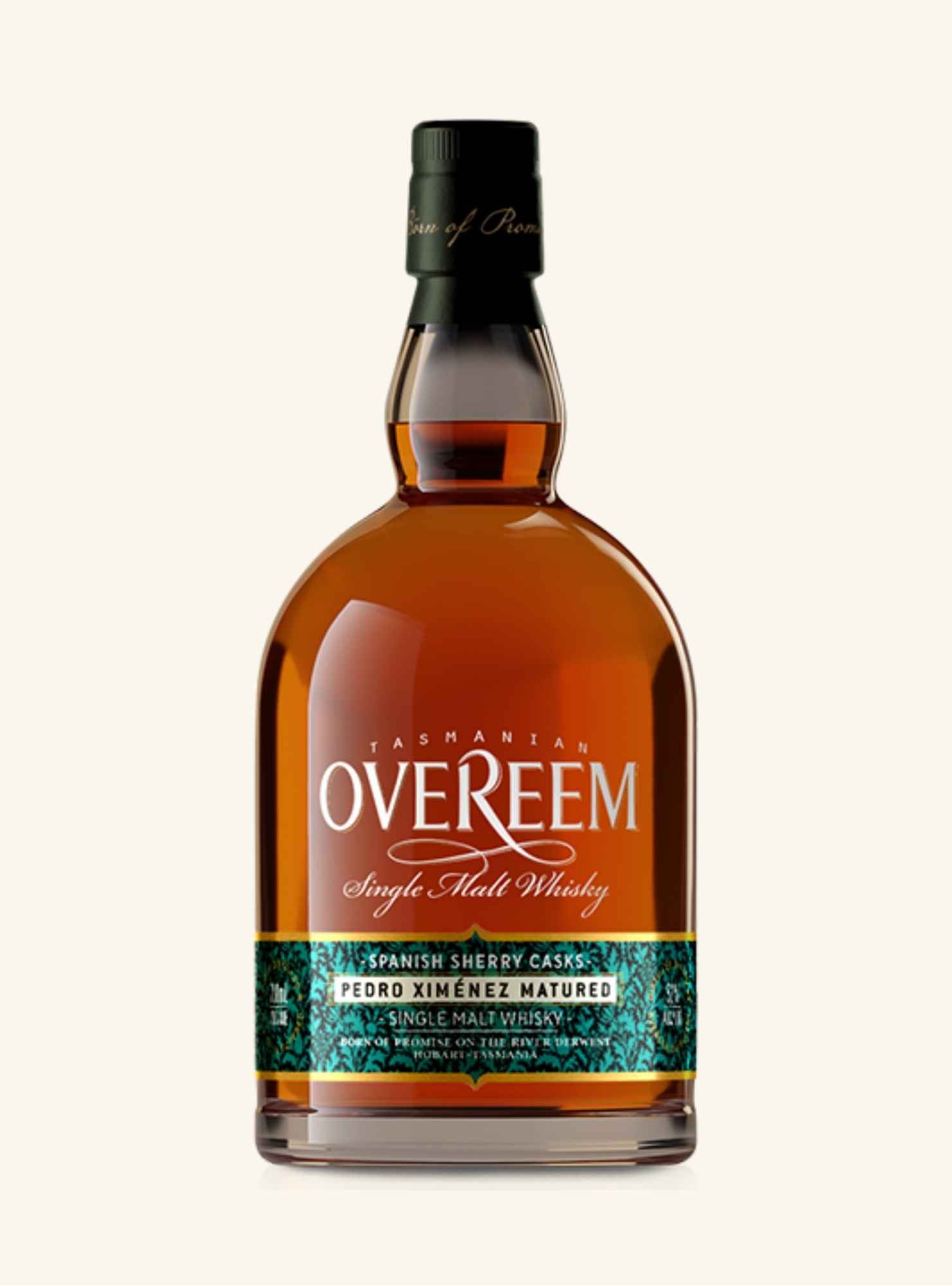 Bottle of Overeem Spanish Sherry pedro ximenez Cask Single Malt Whiskey on a white background