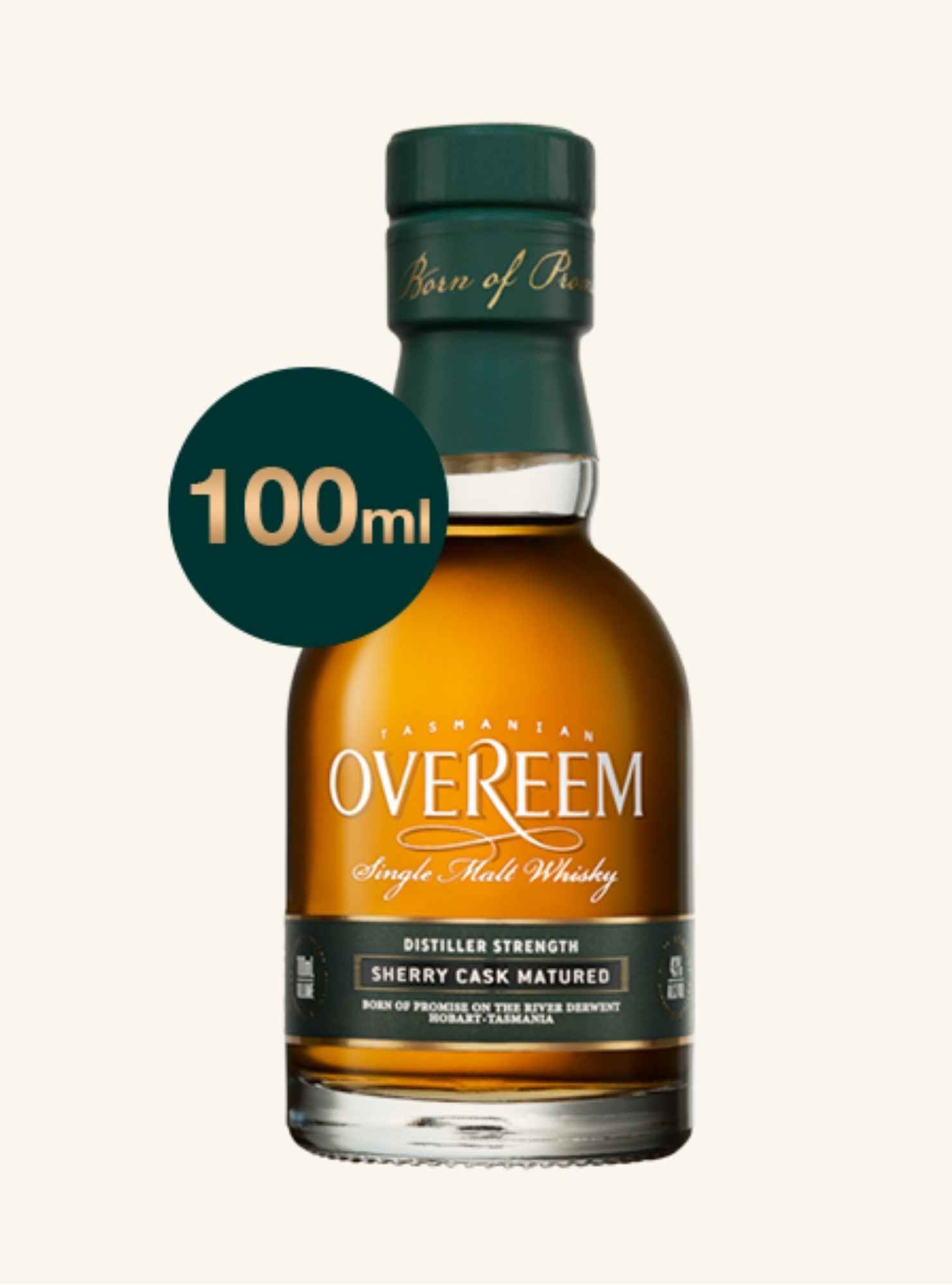 Bottle of Overeem sherry cask matured Single Malt Whisky with a 100ml label on a white background