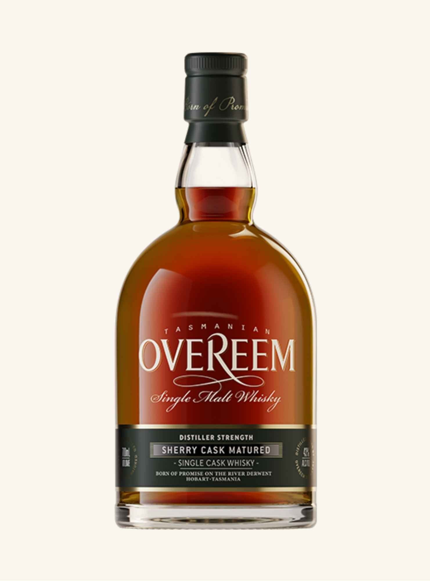 Bottle of Overeem Tasmanian Sherry cask matured Single Malt Whisky on a white background