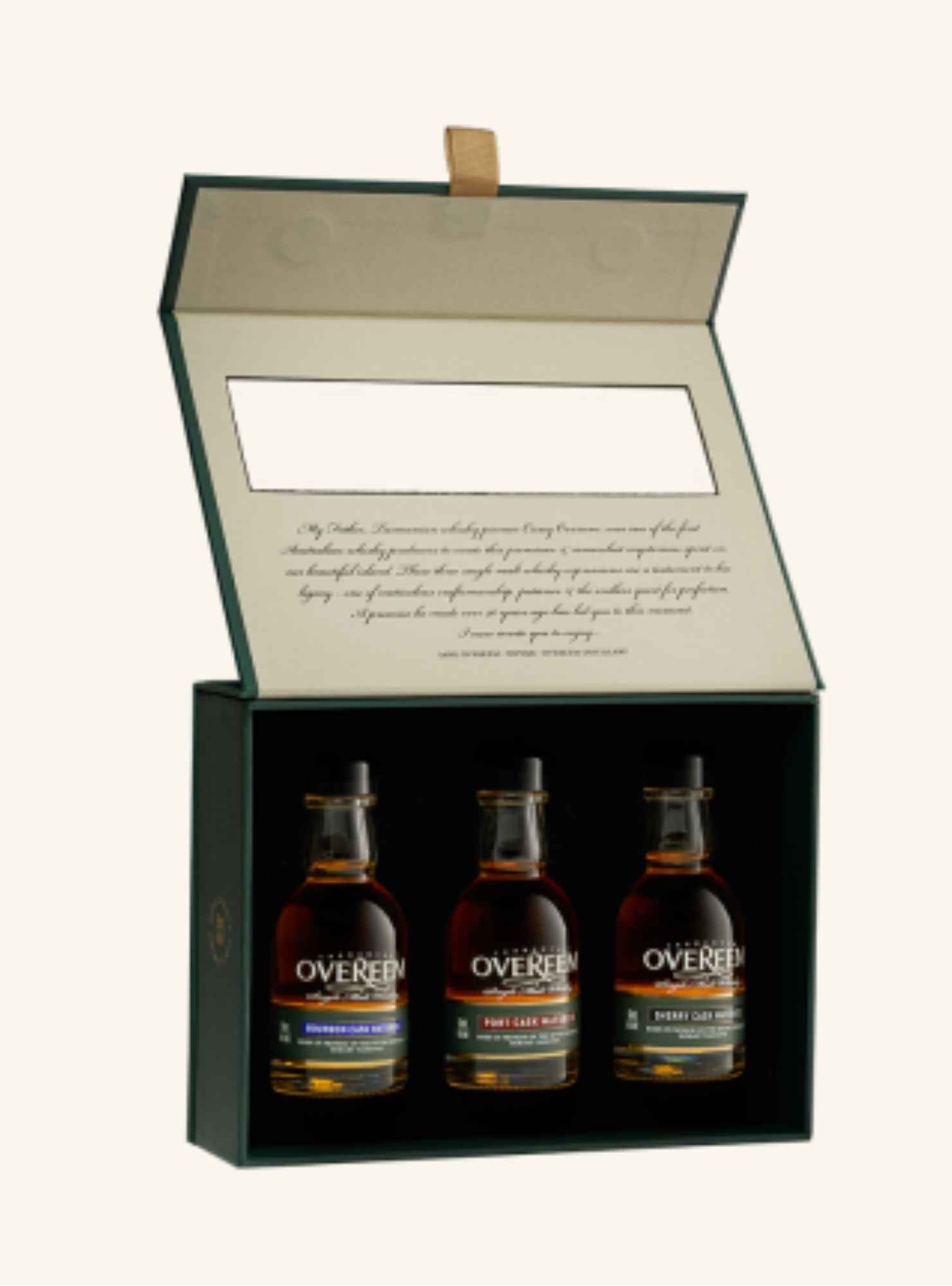 Three bottles of Overeem 50ml whiskey in a decorative box on a white background