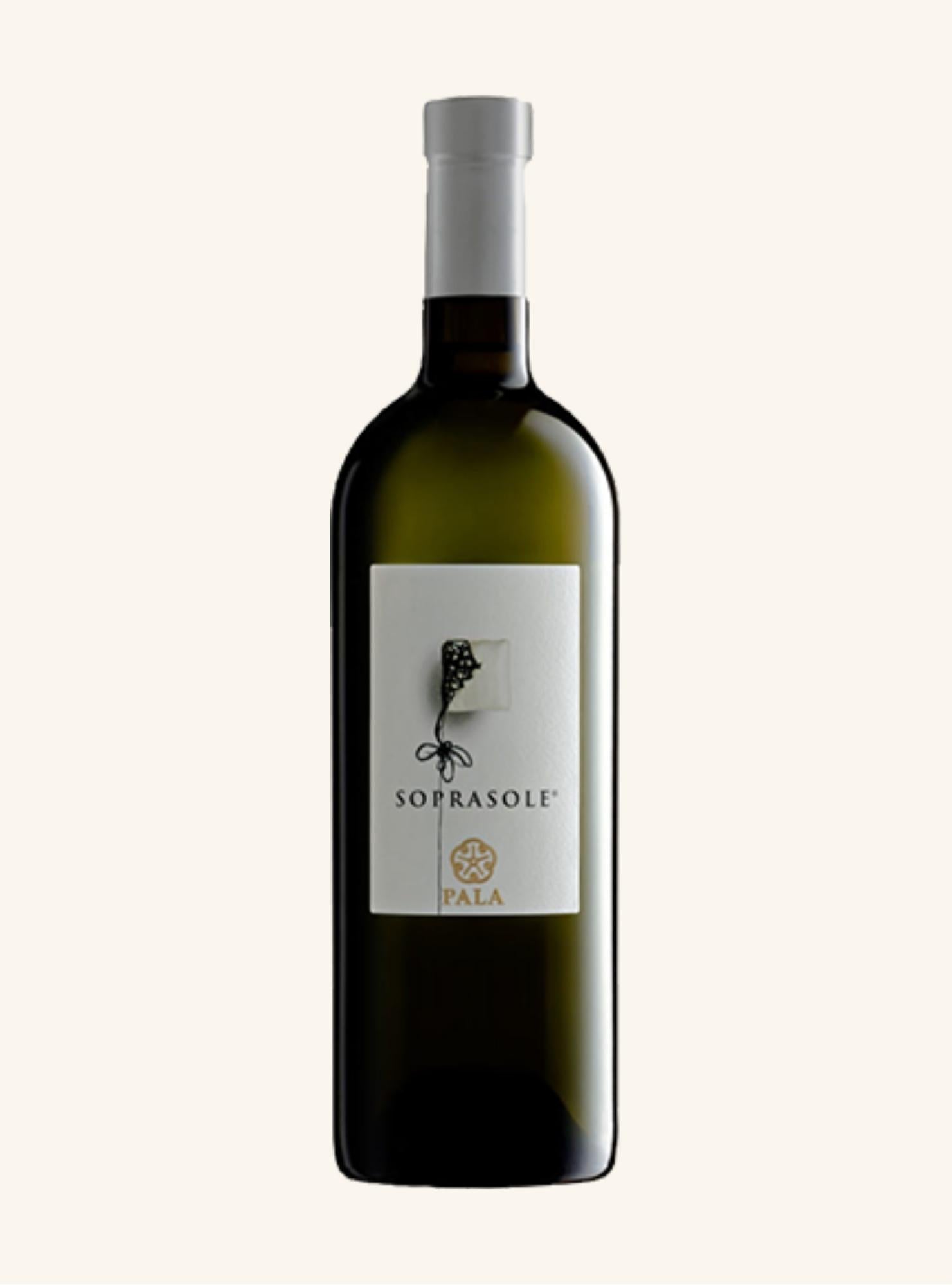 Wine bottle with 'Soprasole vermentino by pala' label on a white background