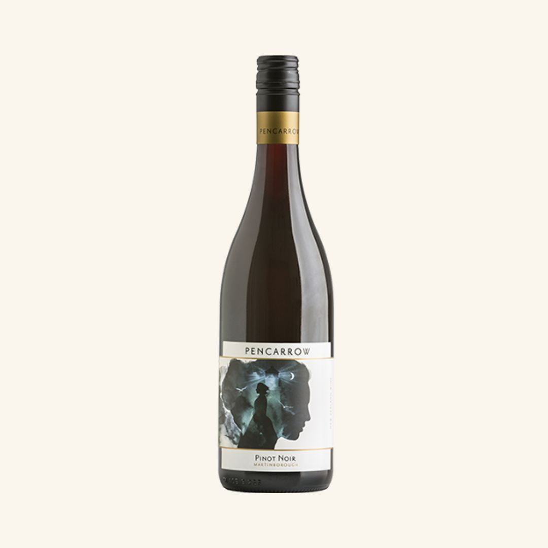red Wine bottle with label with the brand name pencarrow and pinot noir written, on a white background