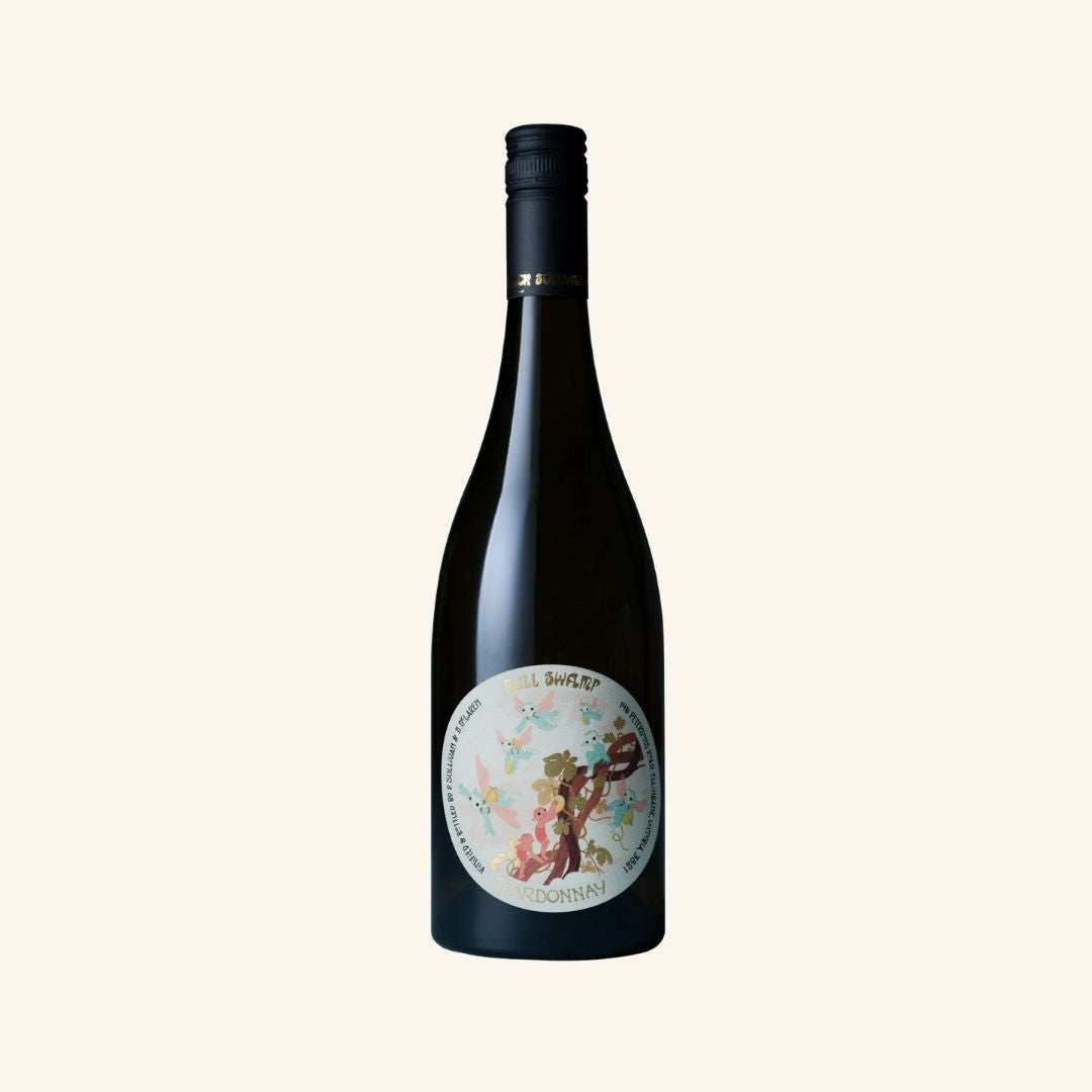 Wine bottle with decorative label and patrick sullivan bull swamp chardonnay branding on a light gray background