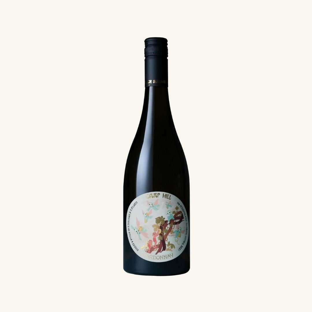 Wine bottle with a decorative label branded camp hill chardonnay by patrick sullivan on a white background