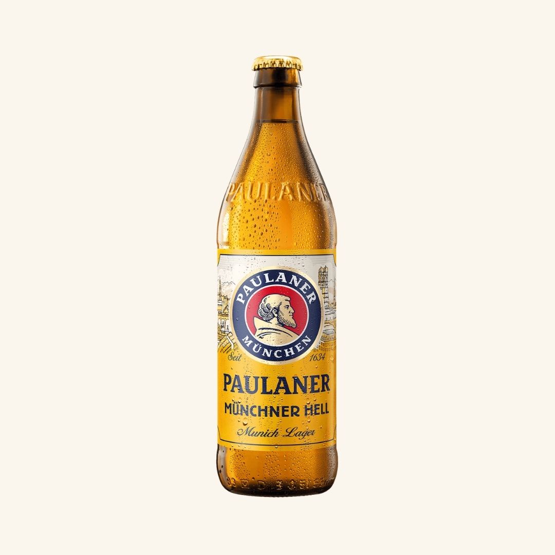 Paulaner beer bottle on a white background