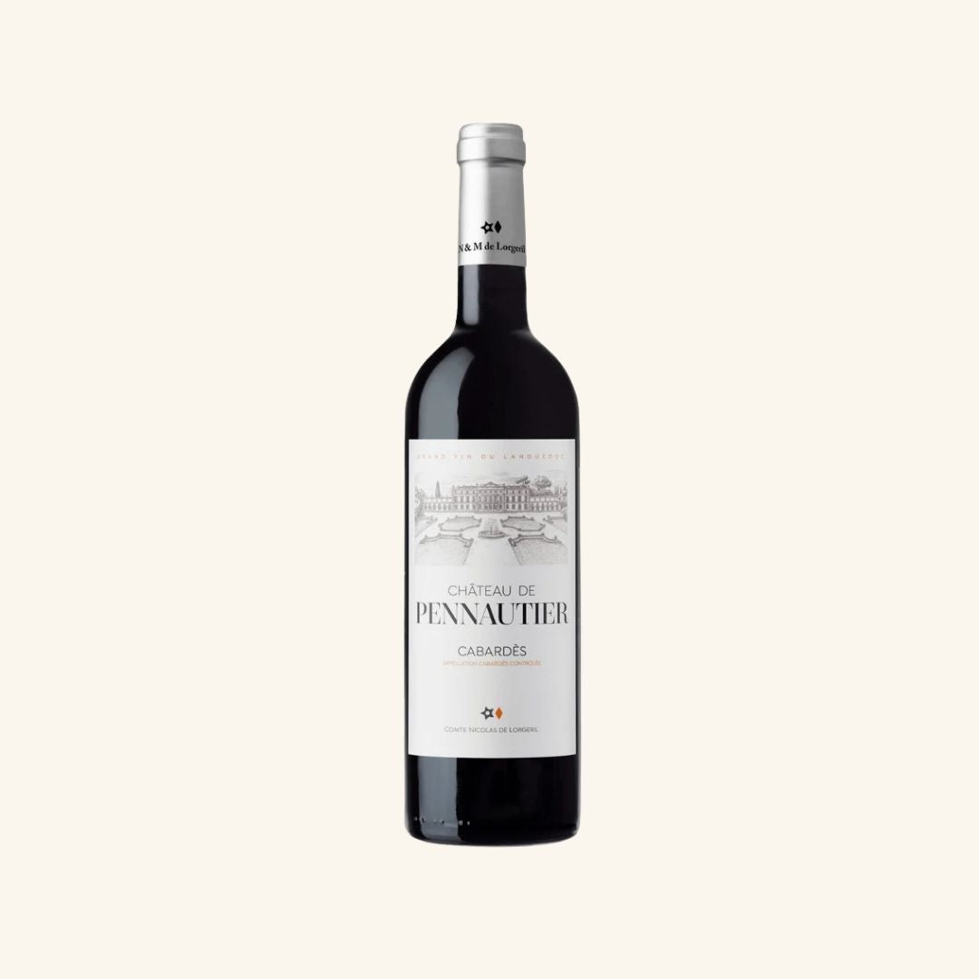 bottle of wine branded chateau de pennautier cabardes on a white background.