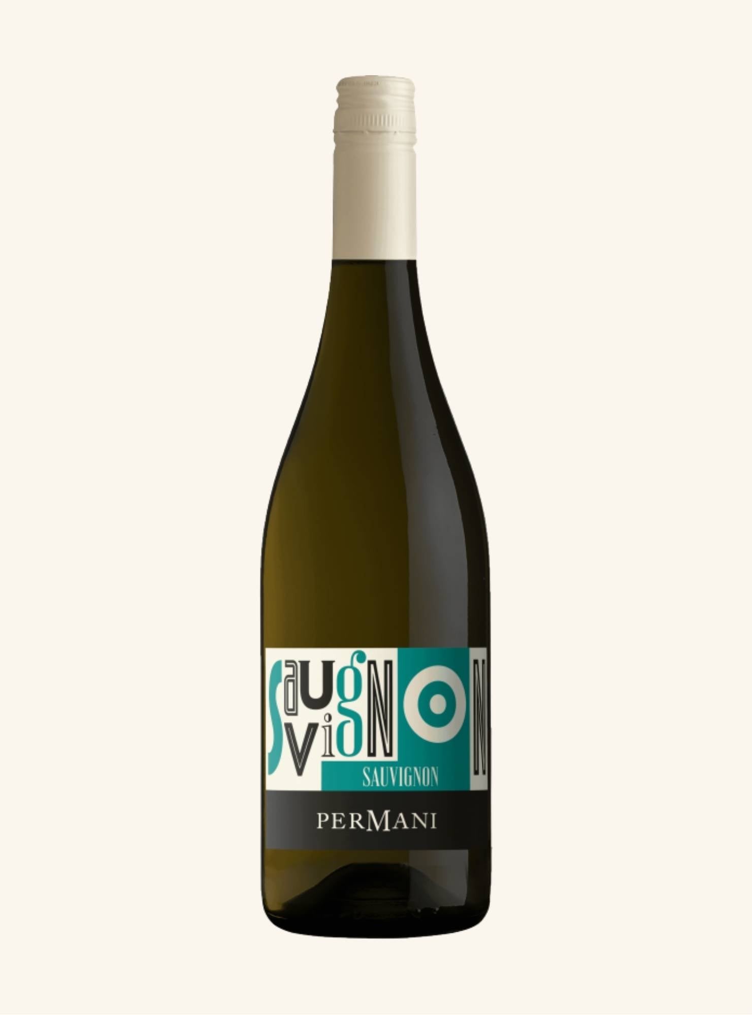 Wine bottle with a colorful label branded permani sauvignon on a white background