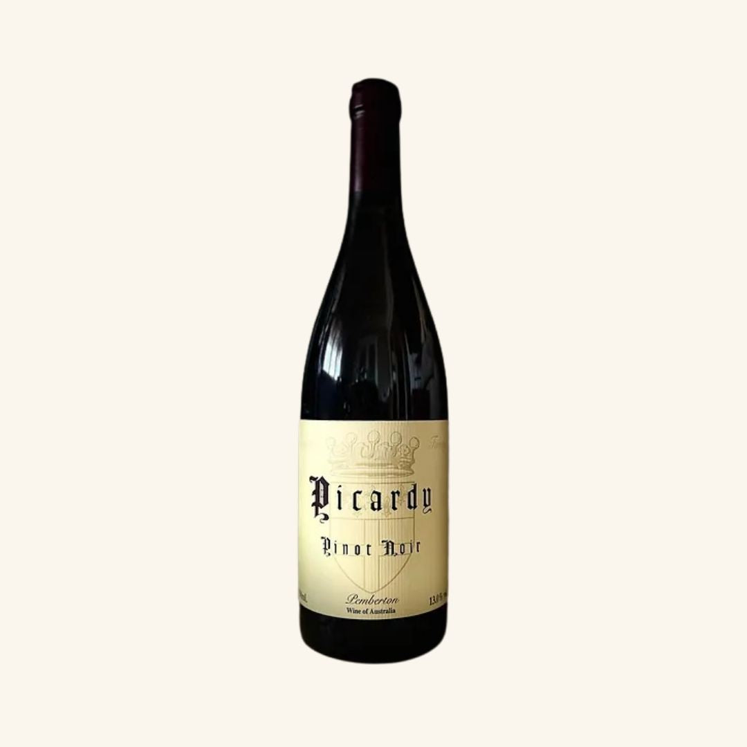 Wine bottle with 'Picardy Pinot Noir' label on a white background