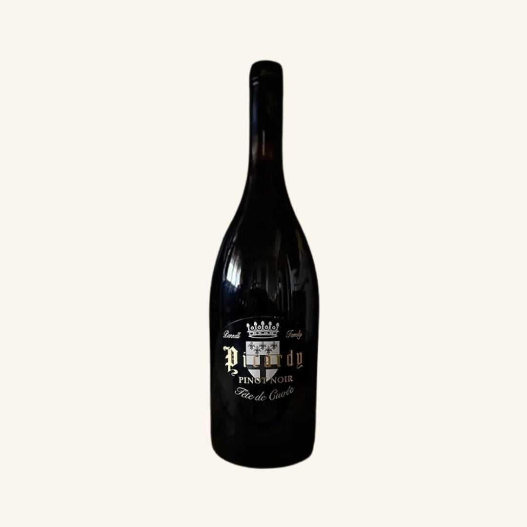 Wine bottle with a visible label branded picardy pinot noir tete de cuvee,  on a white background