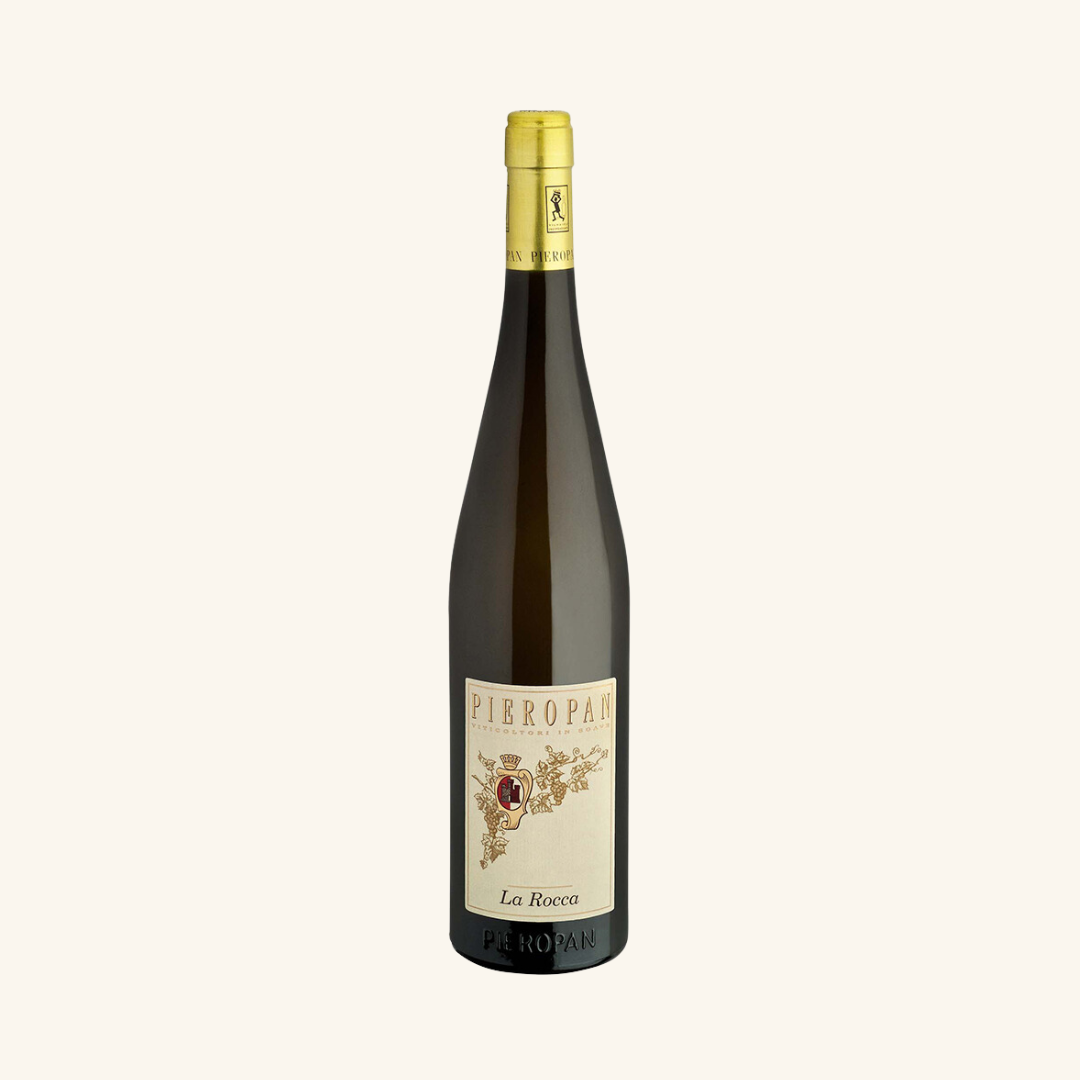 A bottle of Pieropan Soave La Rocca white wine with a label that includes the name of the wine and the word 'LA ROCCA'.