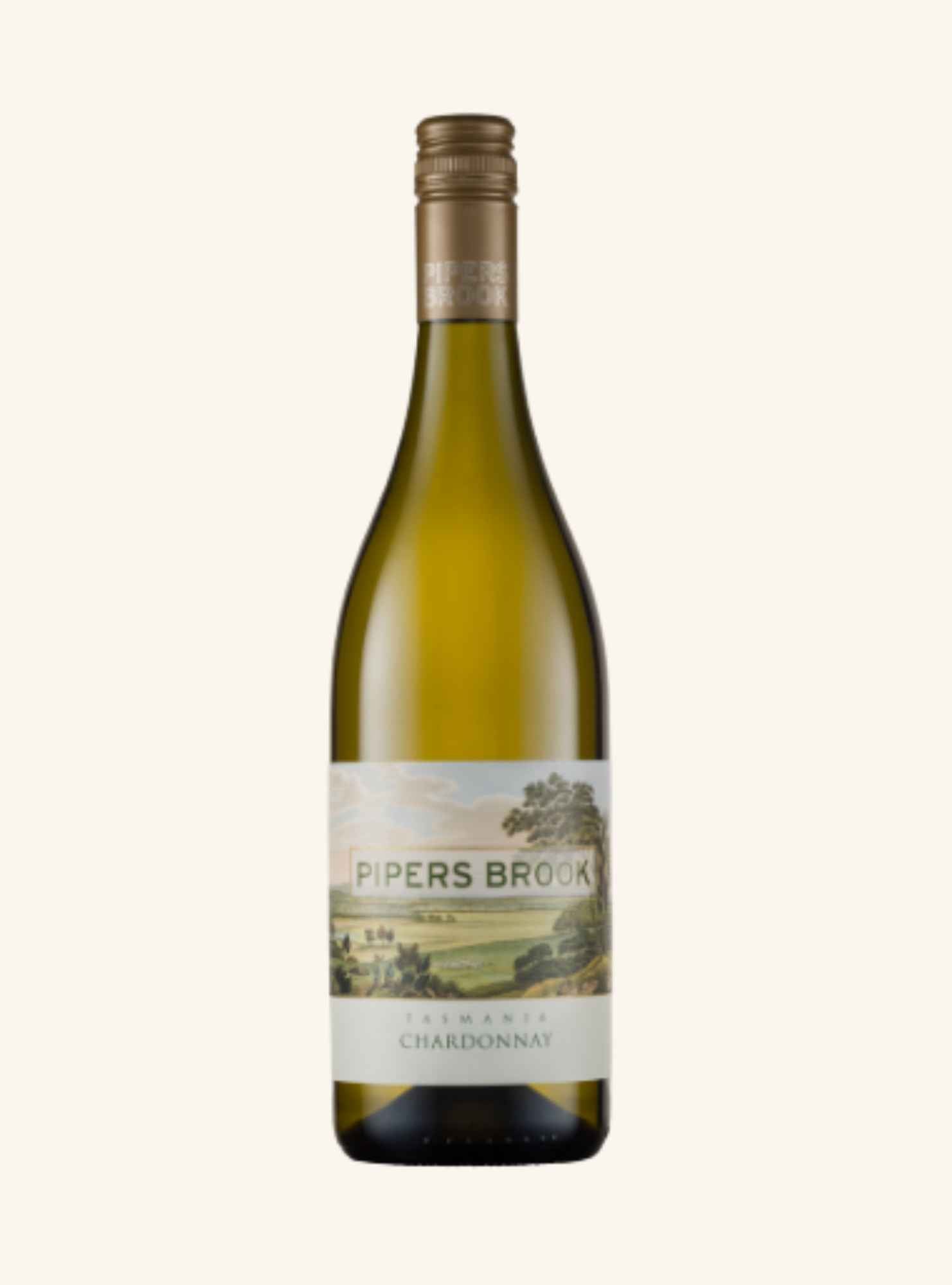 A bottle of Pipers Brook Chardonnay white wine, featuring a green glass bottle with a cream-colored landscape label and a gold foil cap, set against a solid off-white background.