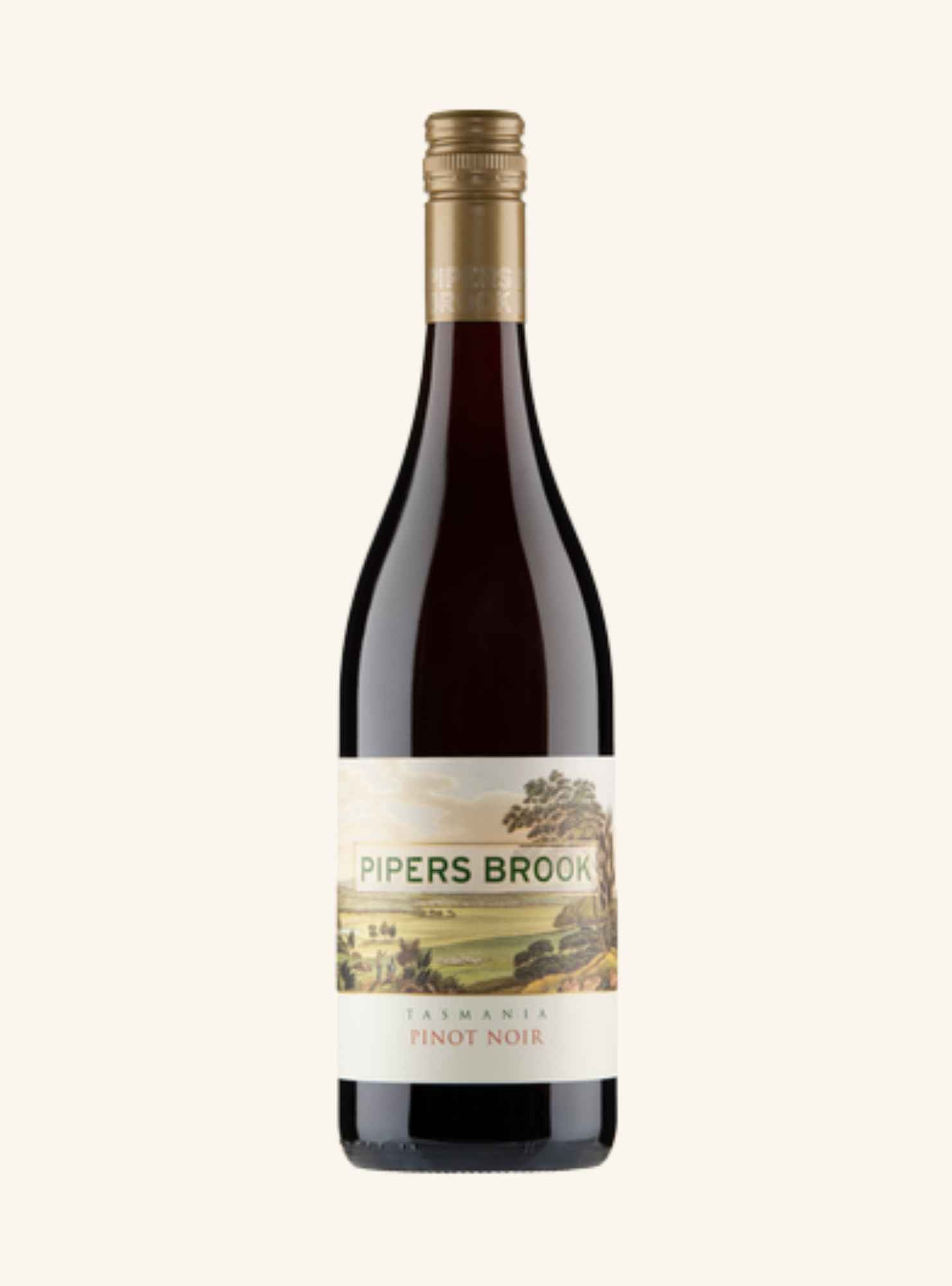 A bottle of Pipers Brook Pinot Noir red wine, featuring a cream-colored landscape label and a gold foil capsule at the neck, set against a solid off-white background.