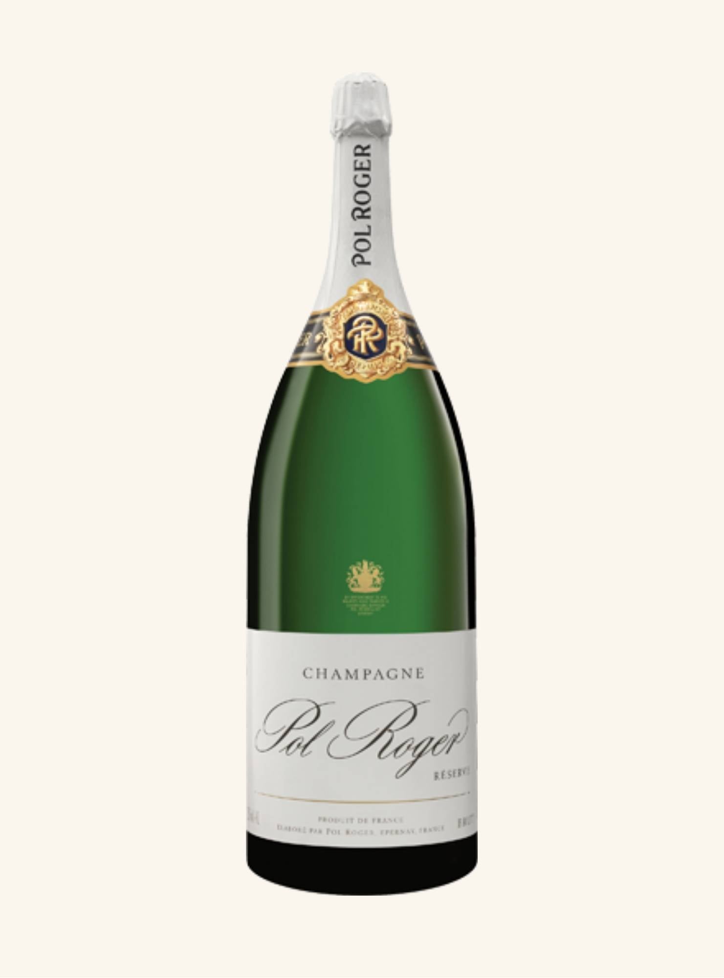 Green champagne bottle with gold foil neck piece, a white label branded Champagne Pol Roger on a white background