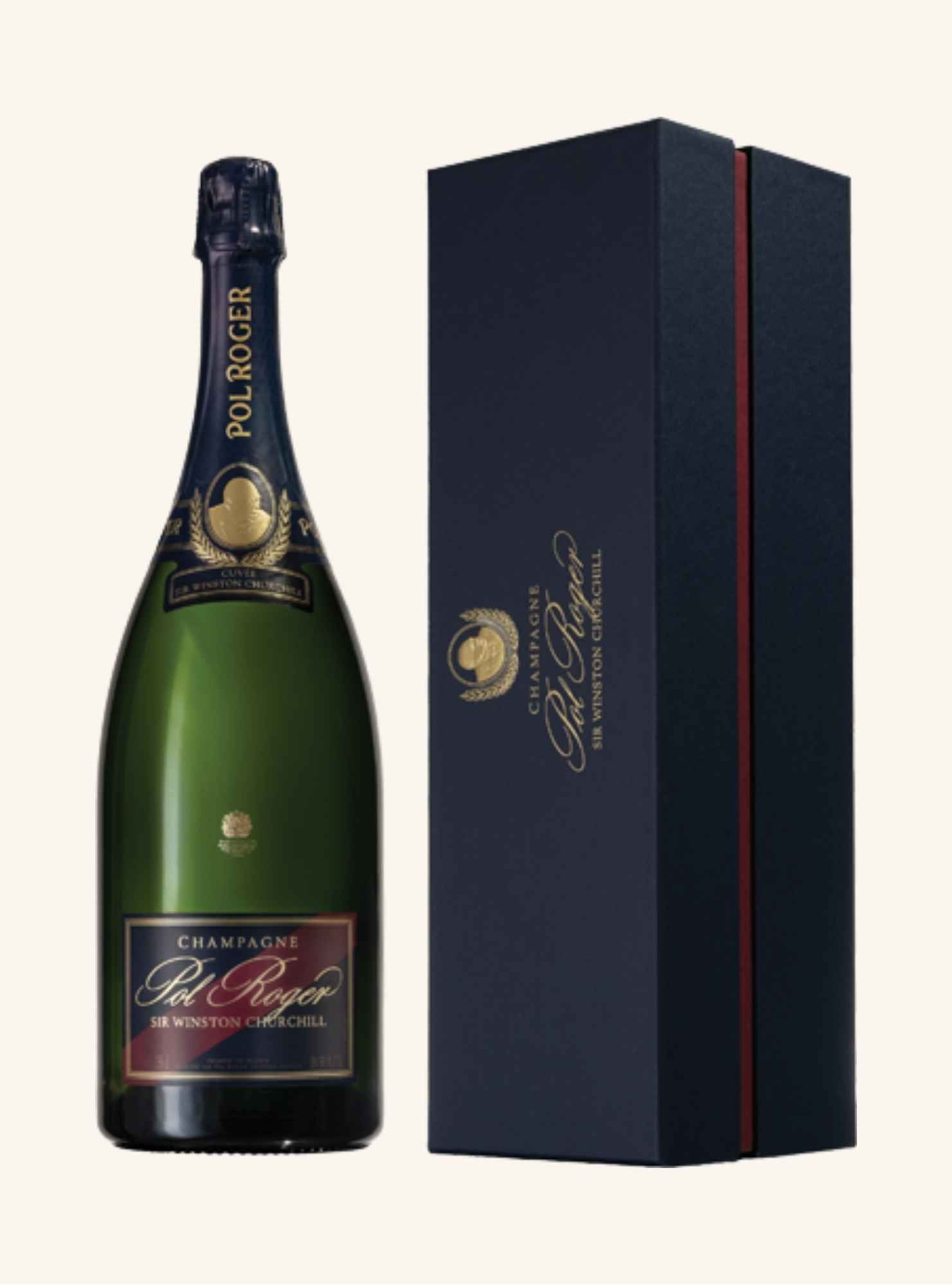 A magnum size of Pol Roger Winston Churchill Champagne next to its dark navy blue presentation box with gold lettering, set against a solid cream background.
