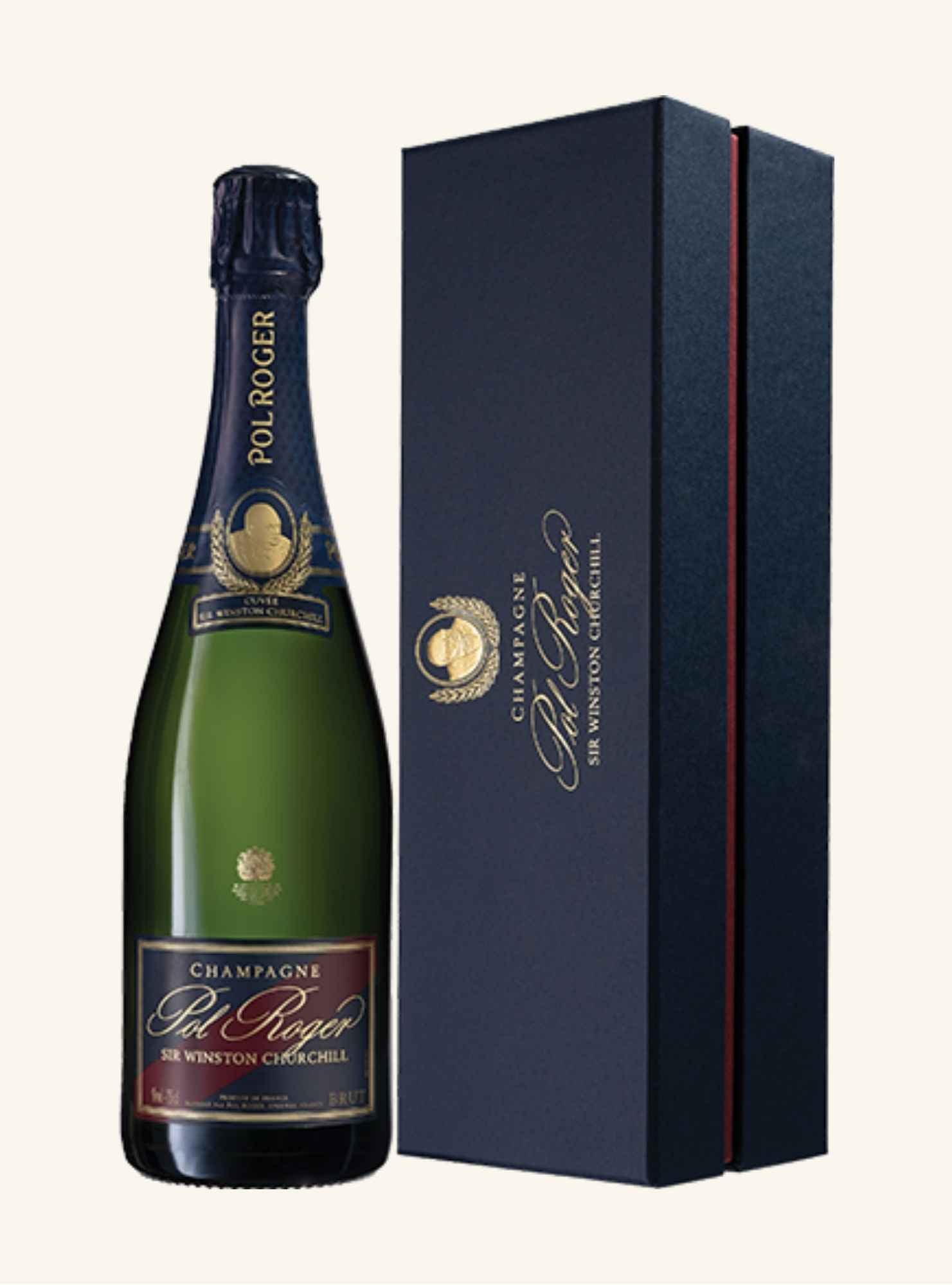 A bottle of Pol Roger Winston Churchill Champagne next to its dark navy blue presentation box on a light cream background.