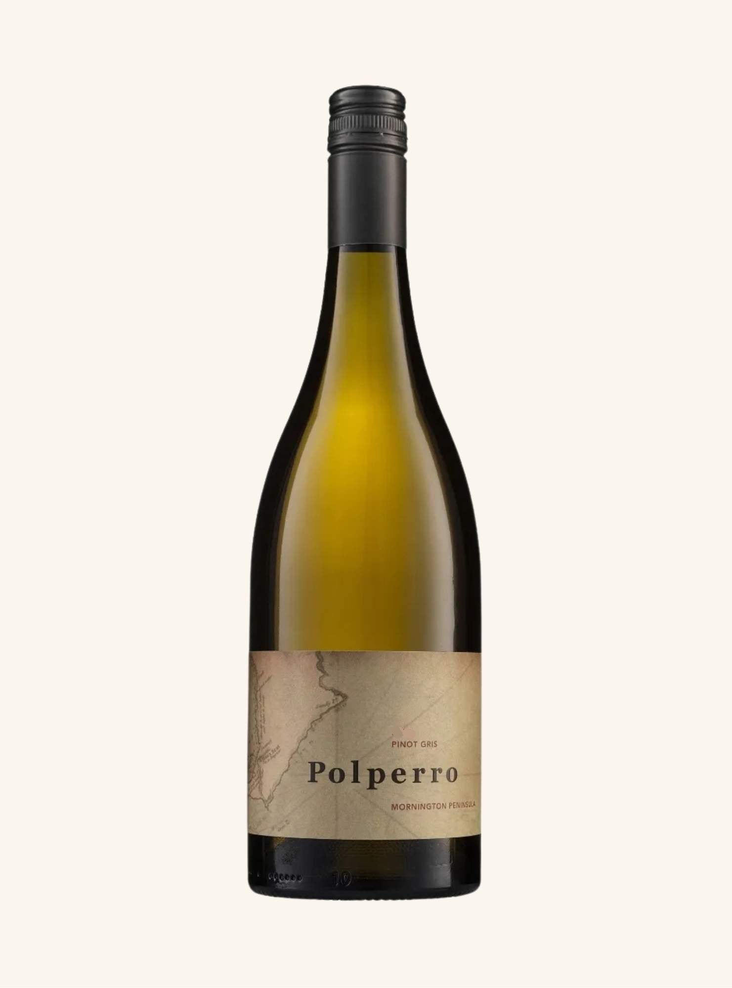 Bottle of Polperro Pinot Gris wine on a white background