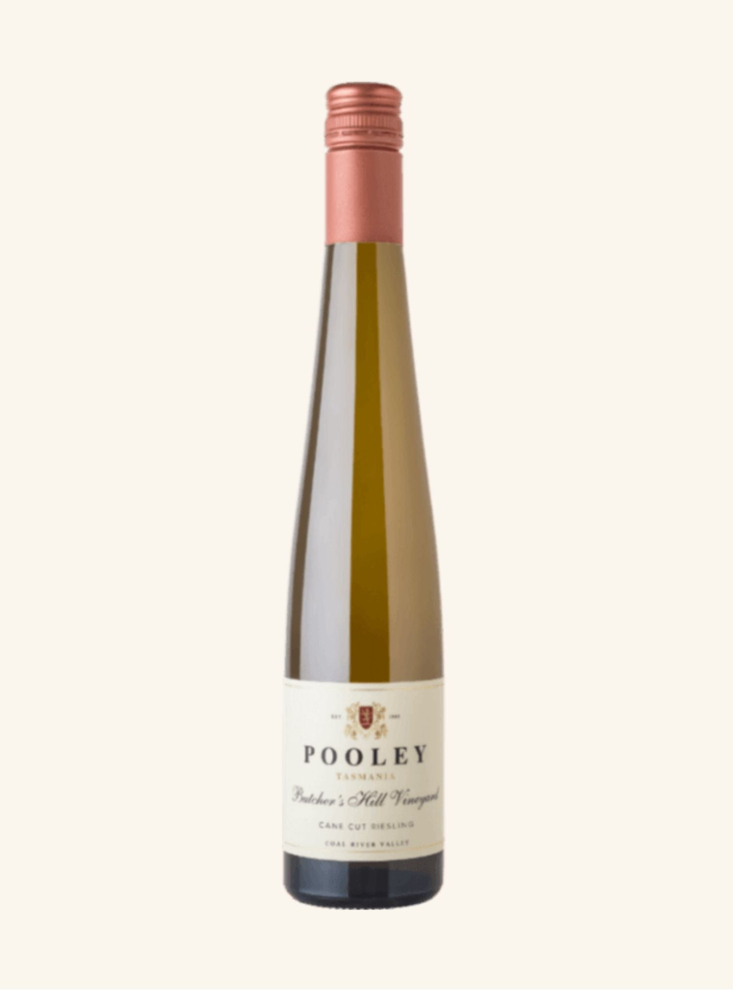 half size Wine bottle with a coral coloured cap and 'Pooley' Butchers Hill vineyard cane cut riesling label on a white background