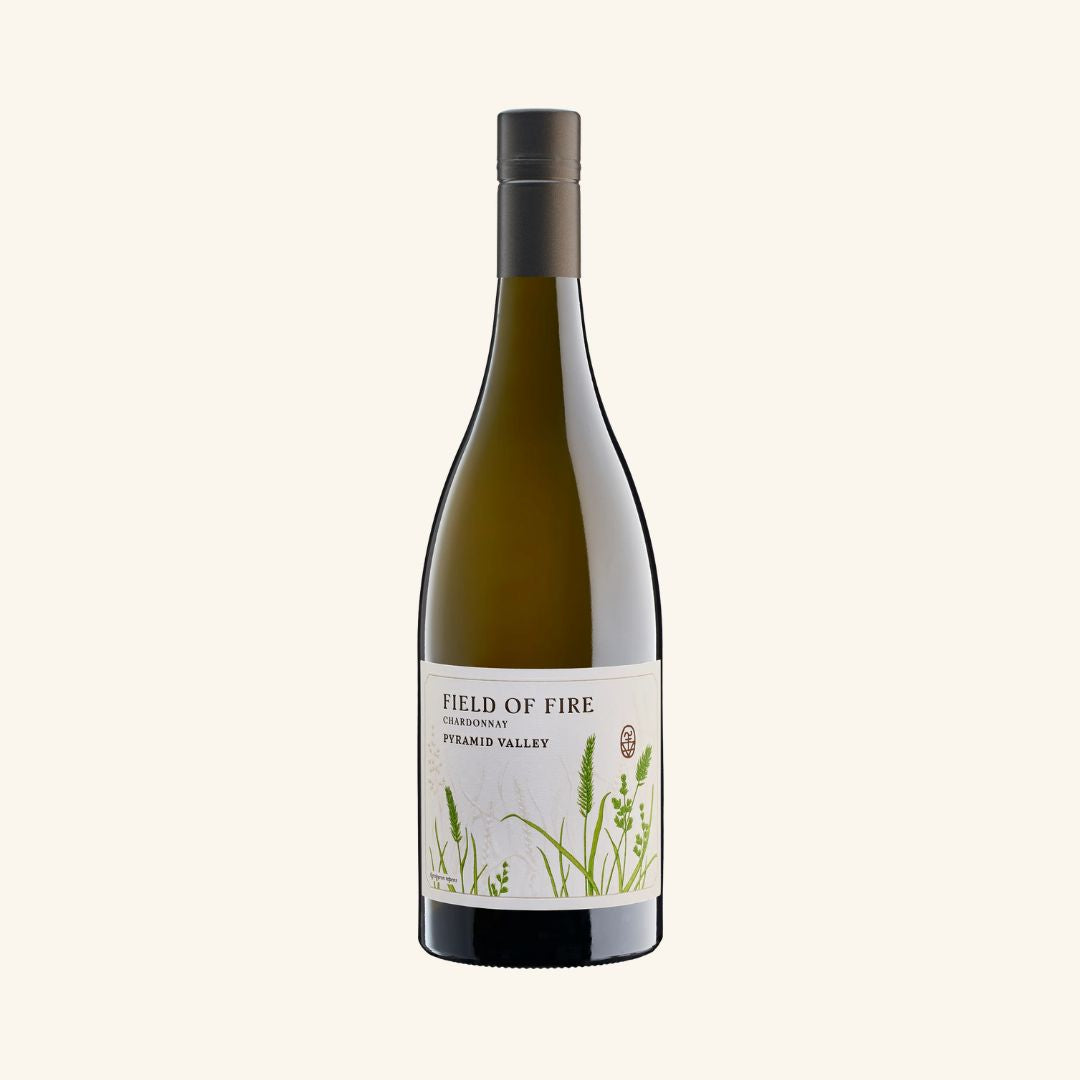 white wine bottle with the label identifying it as Field of Fire Chardonnay Pyramid Valley on a white background