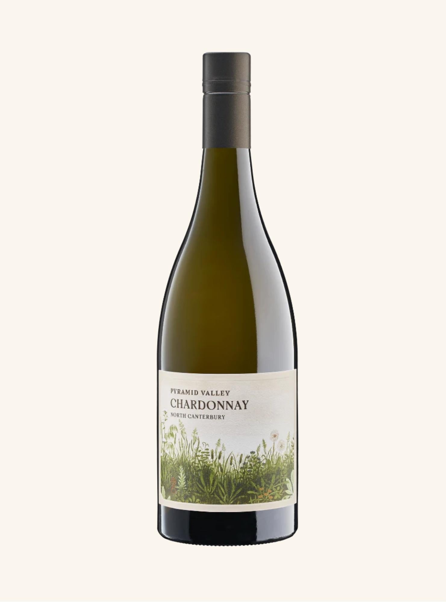 wine bottle labelled Pyramid Valley Chardonnay north canterbury with a white background